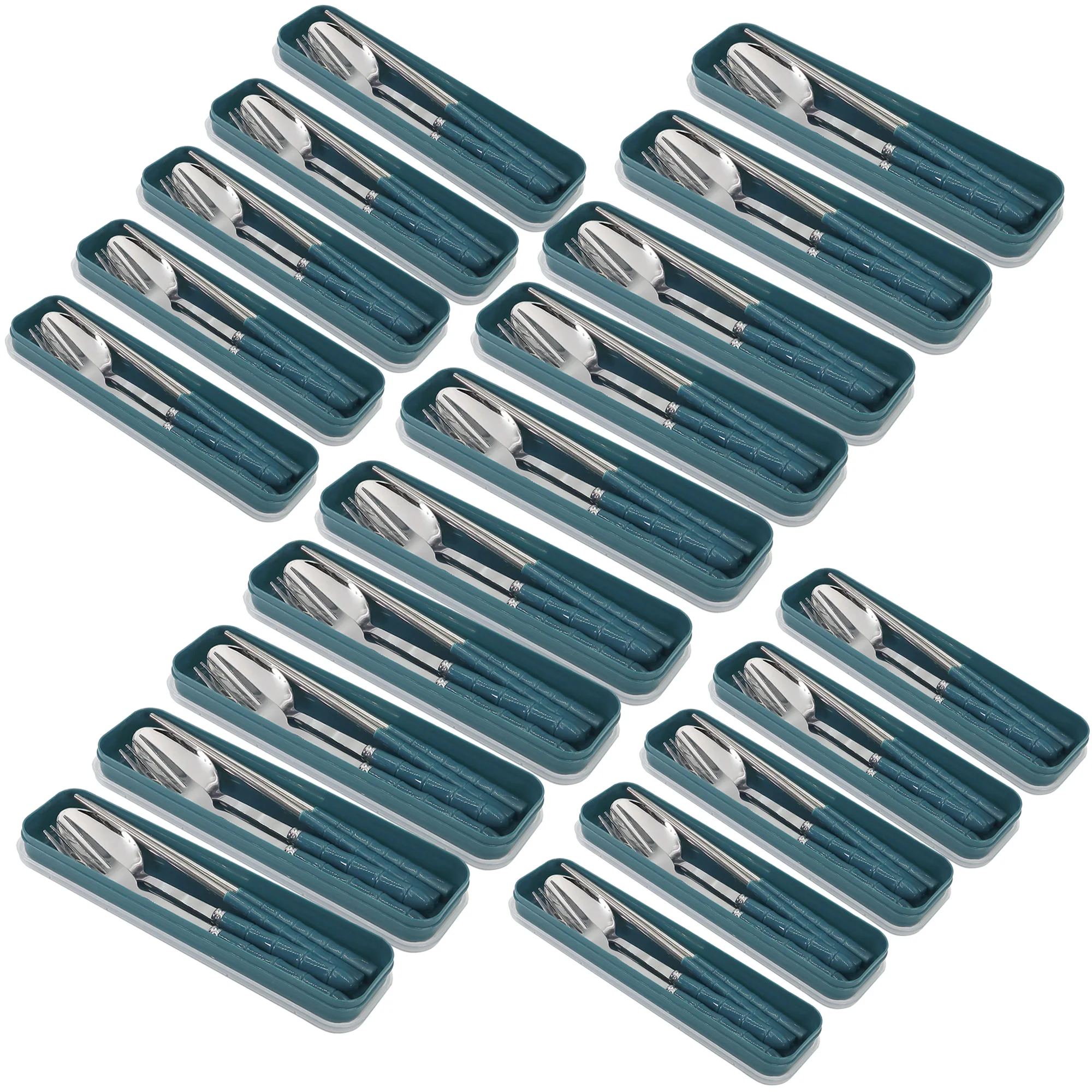 20x Eco-Friendly Stainless Steel Cutlery Set – Spoon, Fork & Chopsticks in Convenient Case for Students, Camping, Weddings and Travel