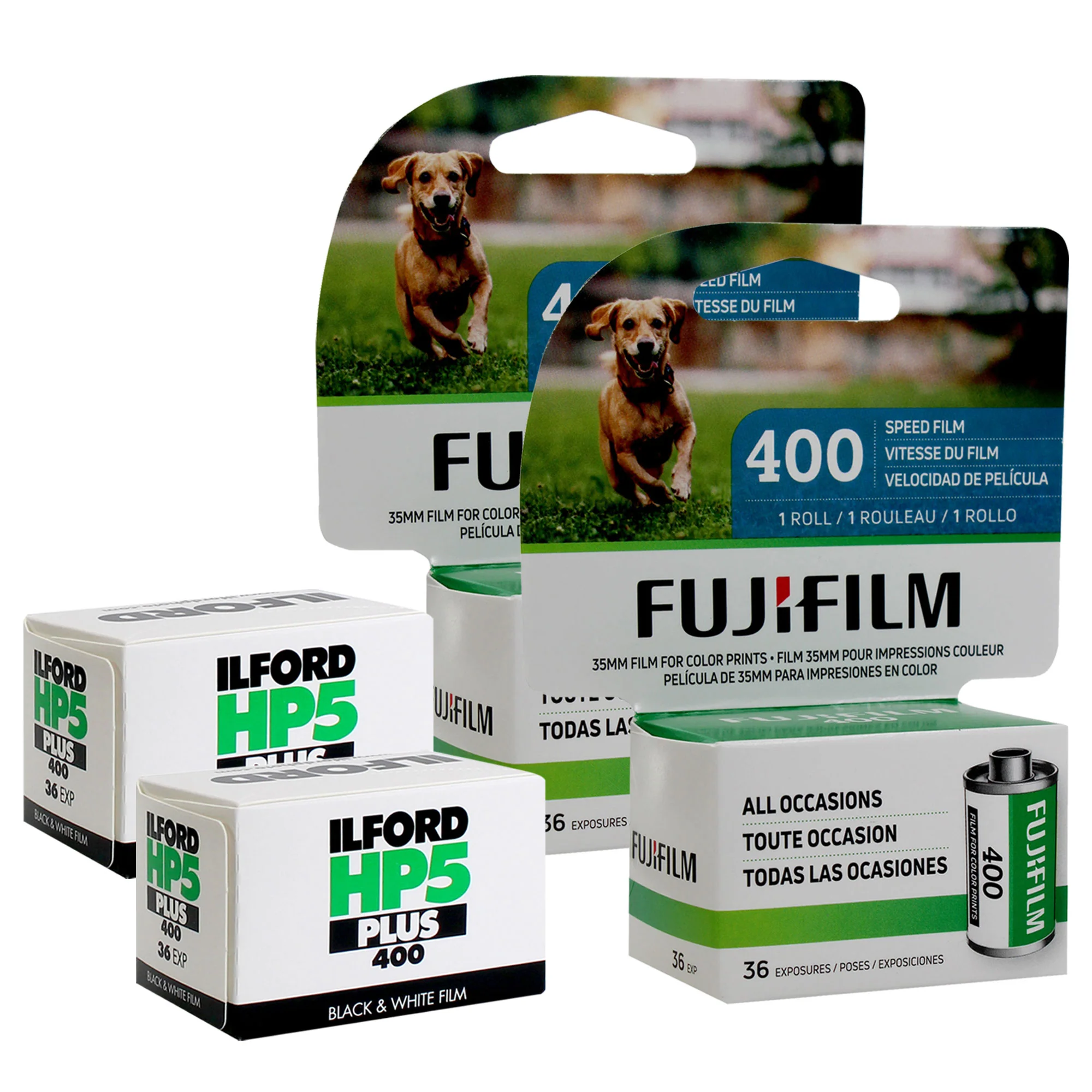 2x FUJIFILM 400 Color Negative Film (35mm Roll Film, 36 Exposures) + 2x Ilford HP5 Plus Black and White Negative Film (35mm Roll Film, 36 Exposures)