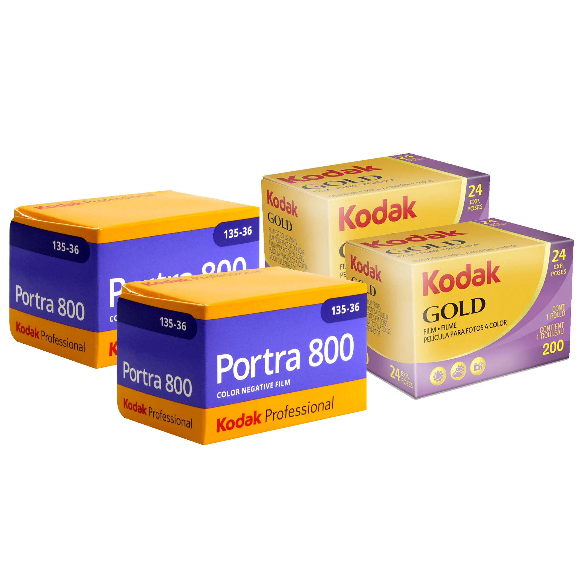 2x Kodak GOLD 200 Color Negative Film 35mm Roll Film, 24 Exposures + 2x Kodak Professional Portra 800 Color Negative Film (35mm Roll Film, 36 Exposures)