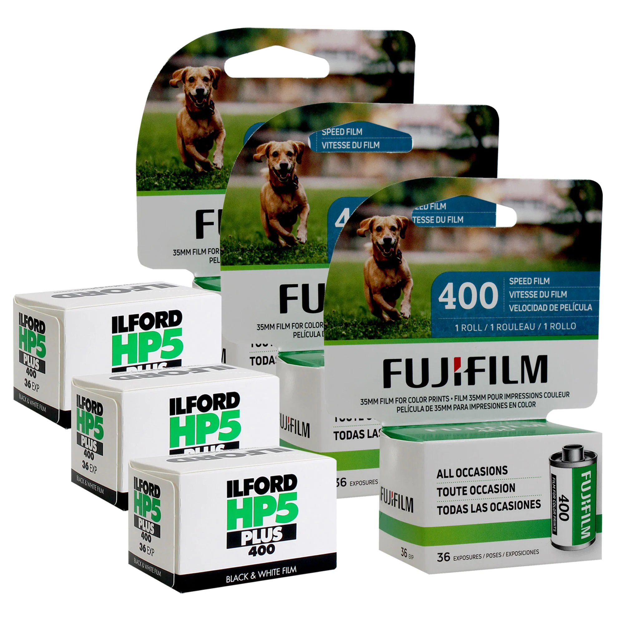 3x FUJIFILM 400 Color Negative Film (35mm Roll Film, 36 Exposures) + 3x Ilford HP5 Plus Black and White Negative Film (35mm Roll Film, 36 Exposures)