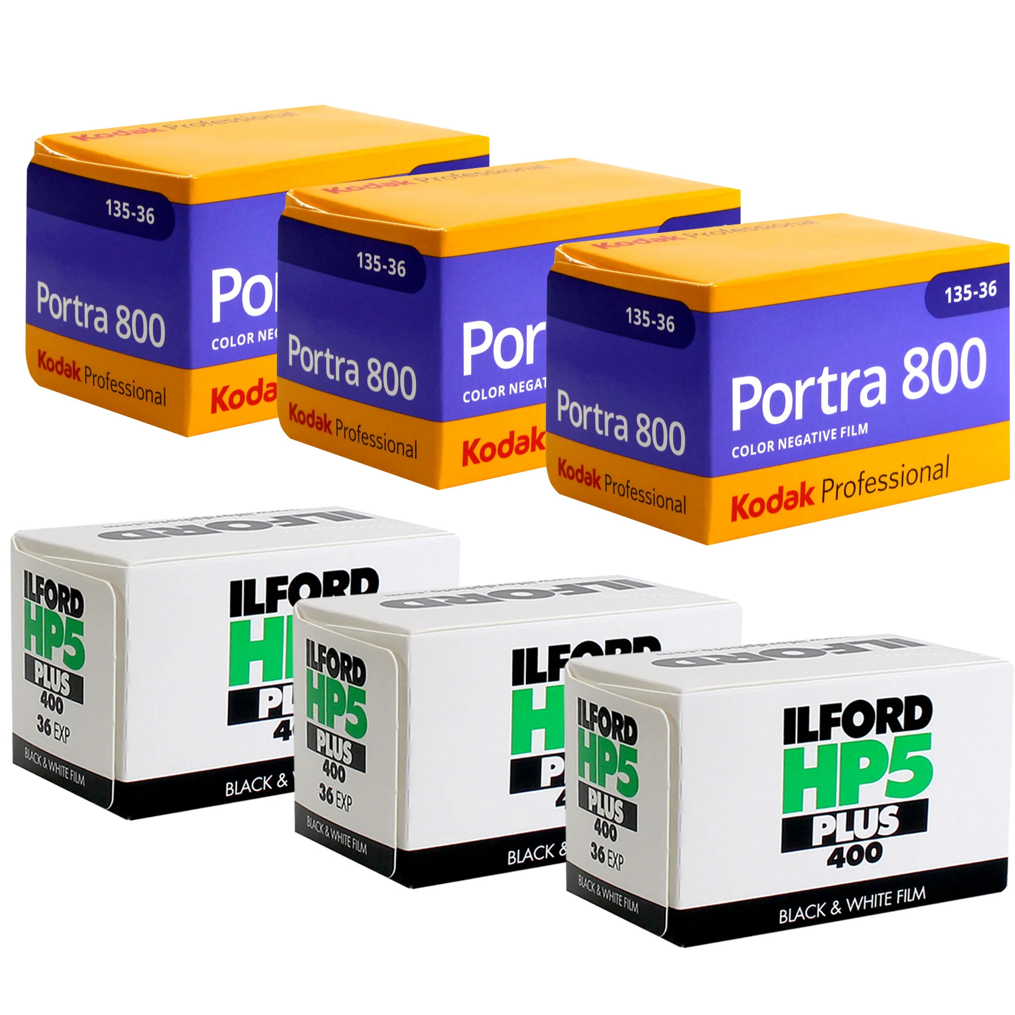 3x Kodak Professional Portra 800 Color Negative Film (35mm Roll Film, 36 Exposures) + 3x Ilford HP5 Plus Black and White Negative Film (35mm Roll Film, 36 Exposures)