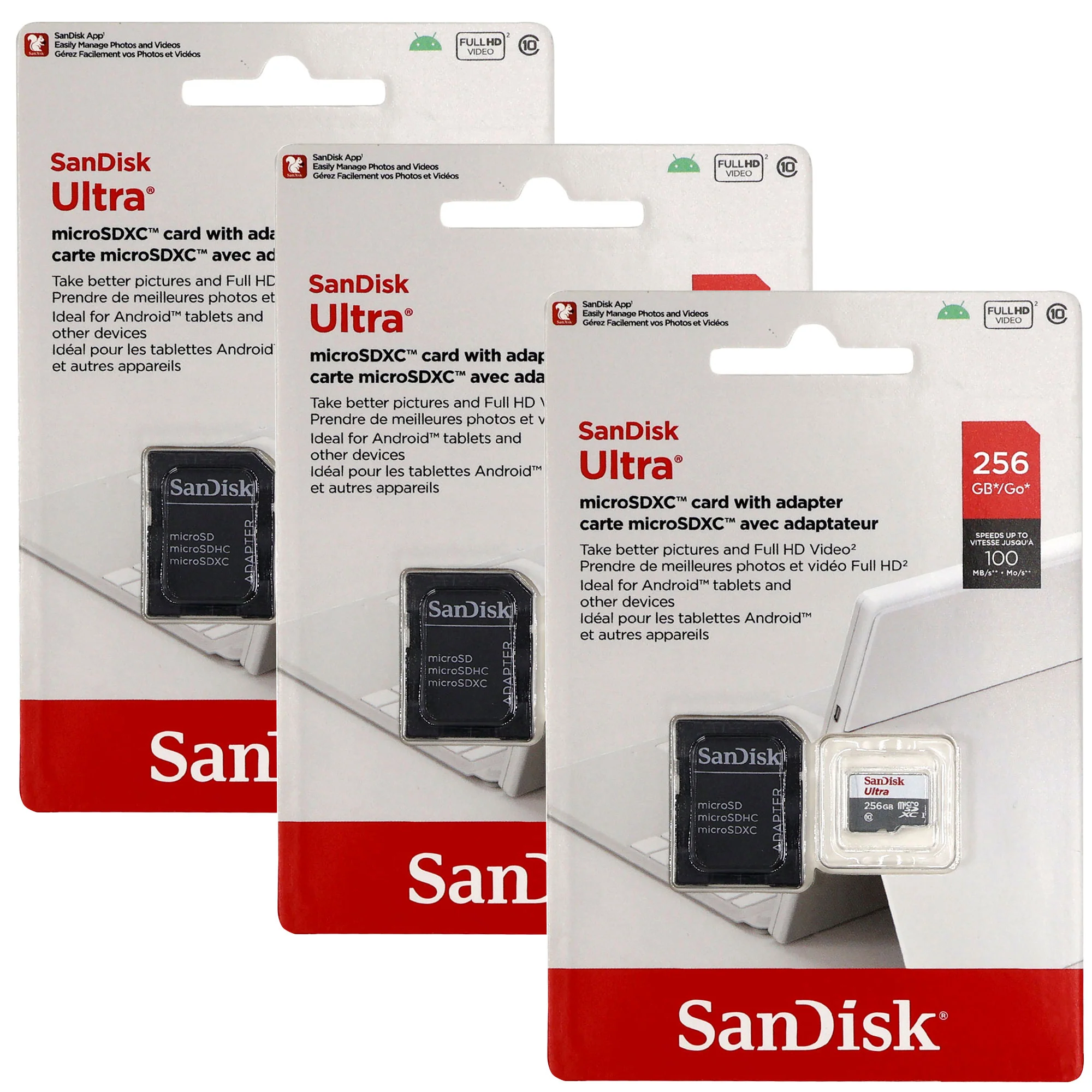 3x Sandisk Ultra 256GB 100MB/s Class 10 Micro SDXC Memory Card Full HD Video with SD Adapter