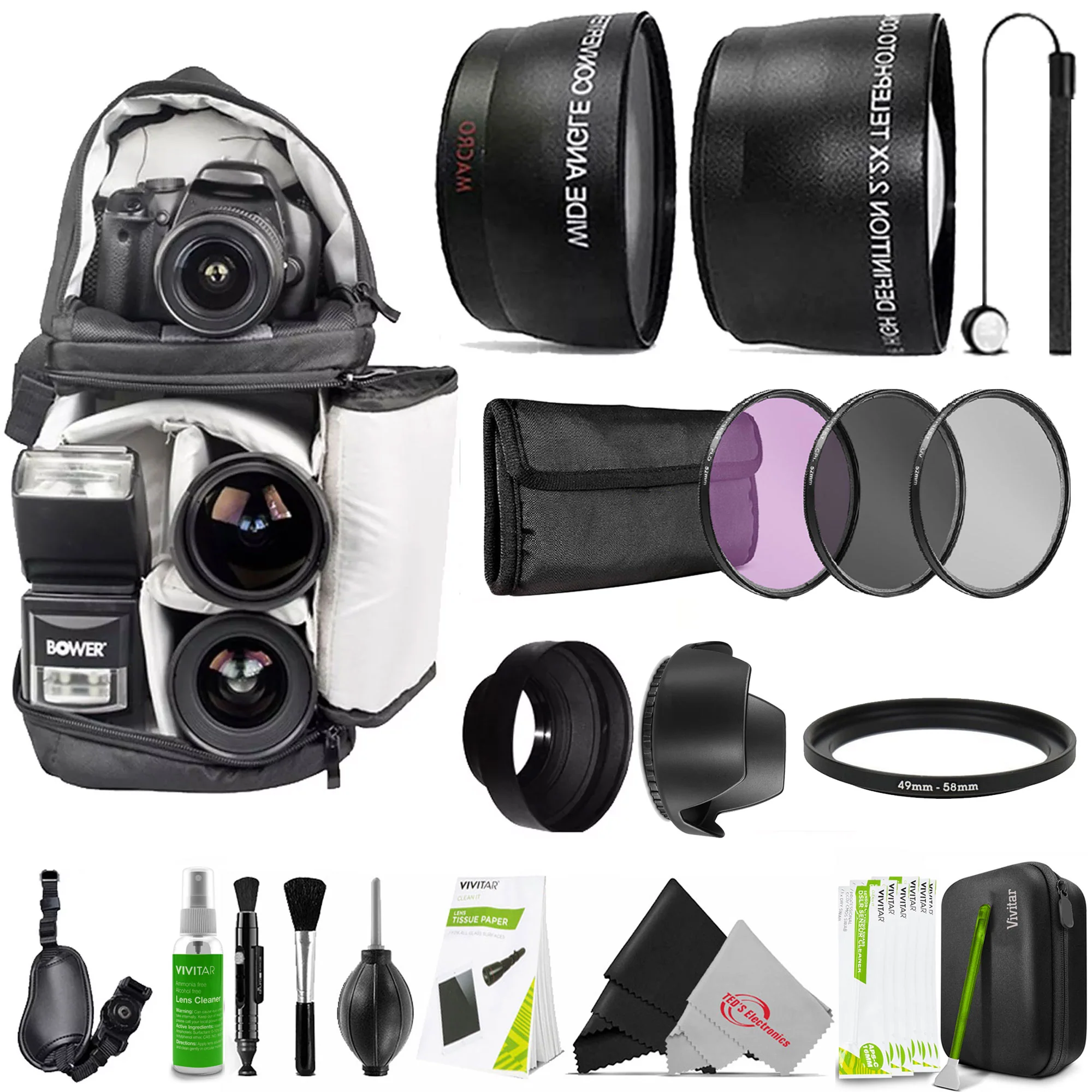 49mm 2X Telephoto Lens Attachment + 49mm HD UV CPL FLD Filter Set + 49-58mm Step Up Ring HF4958 to Attach 58mm Filters to 49mm Thread Lenses + 49mm HD Multi-Coated Wide Angle Lens Attachment + Backpack + Grip Strap + Lens Hood + Cleaning Kit + Lens Holder