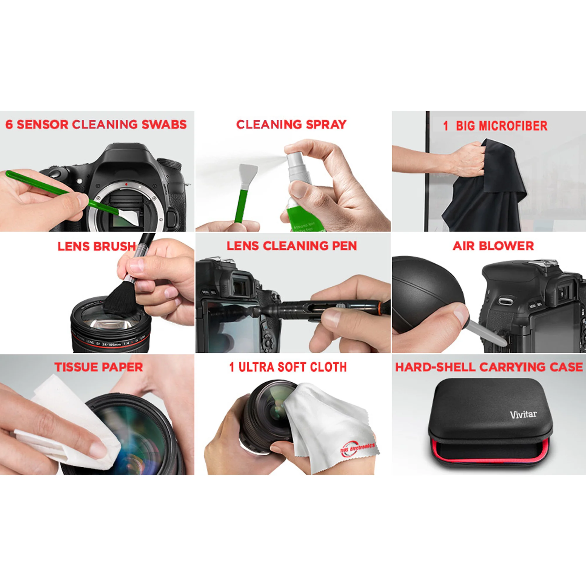 49mm 2X Telephoto Lens Attachment + 49mm HD UV CPL FLD Filter Set + 49-58mm Step Up Ring HF4958 to Attach 58mm Filters to 49mm Thread Lenses + 49mm HD Multi-Coated Wide Angle Lens Attachment + Backpack + Grip Strap + Lens Hood + Cleaning Kit + Lens Holder - Image 9