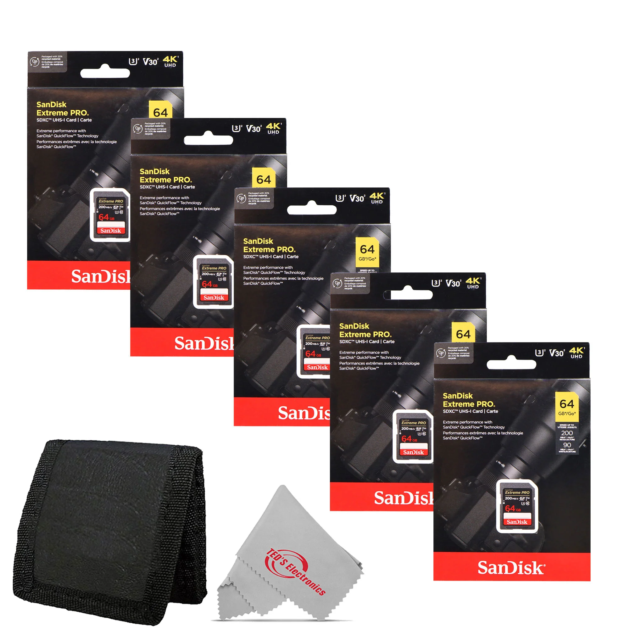 5x Sandisk 64GB Extreme PRO SDXC UHS-I Memory Card + Card Wallet