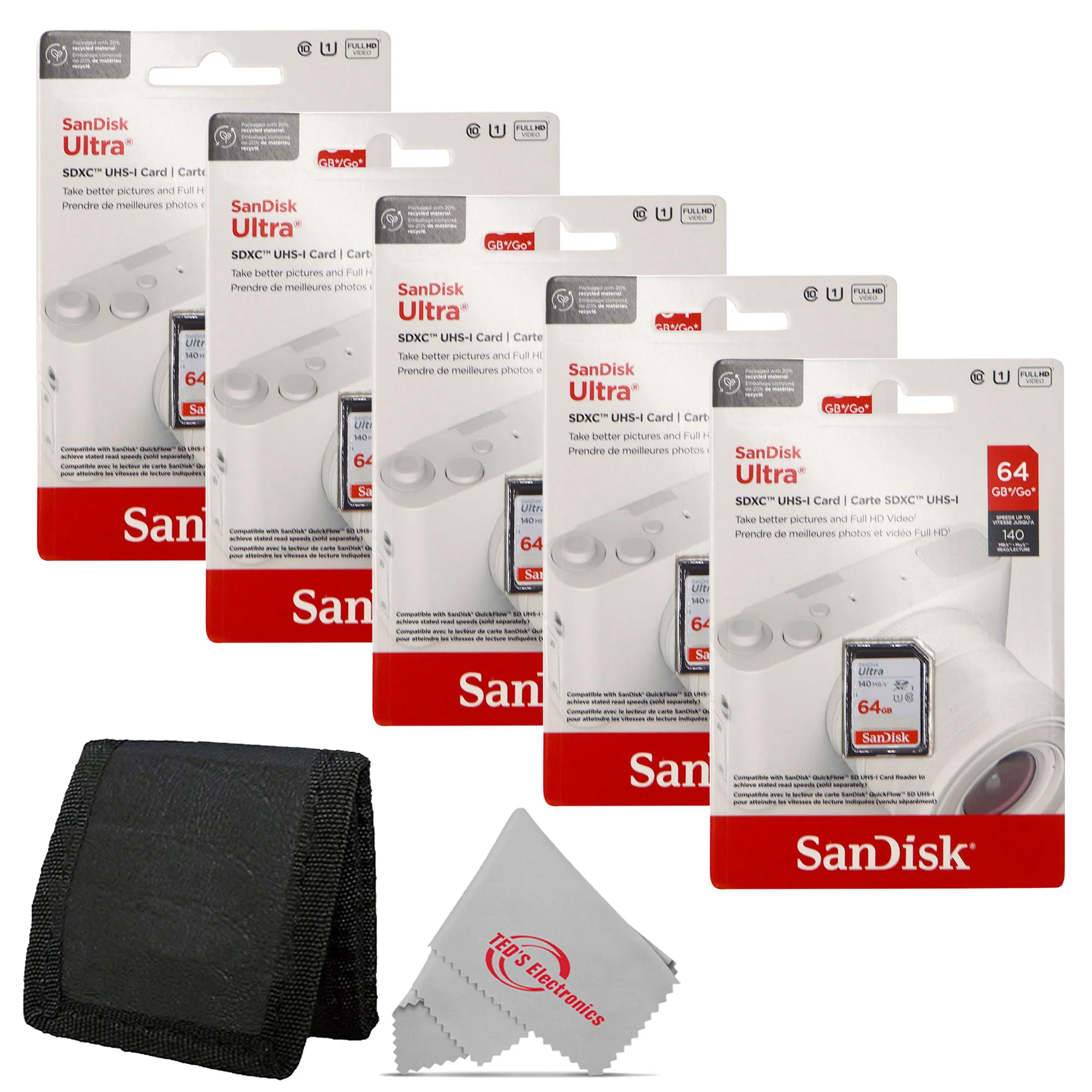 5x SanDisk 64GB Ultra SDXC UHS-I Memory Card - Up to 140MB/s SD Card - SDSDUNB-064G-GN6IN + Card Wallet