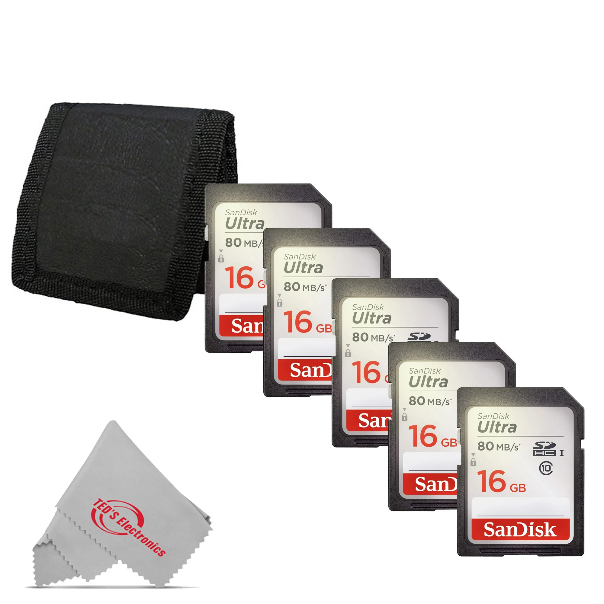 5x SanDisk Ultra 16GB Class 10 SDHC UHS-I Memory Card up to 80MB/s SDSDUNC-016G-GN6IN + Card Wallet