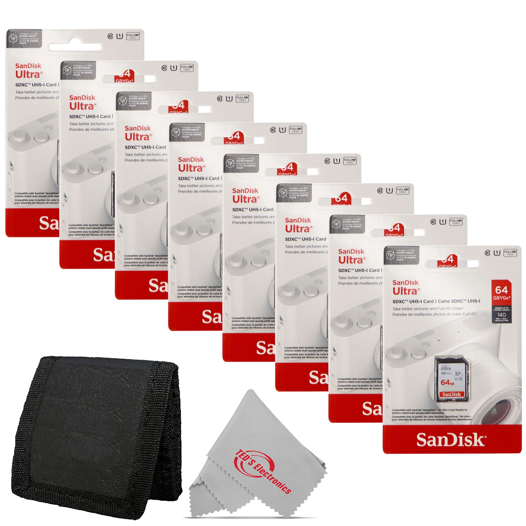 8x SanDisk 64GB Ultra SDXC UHS-I Memory Card - Up to 140MB/s SD Card - SDSDUNB-064G-GN6IN + Card Wallet