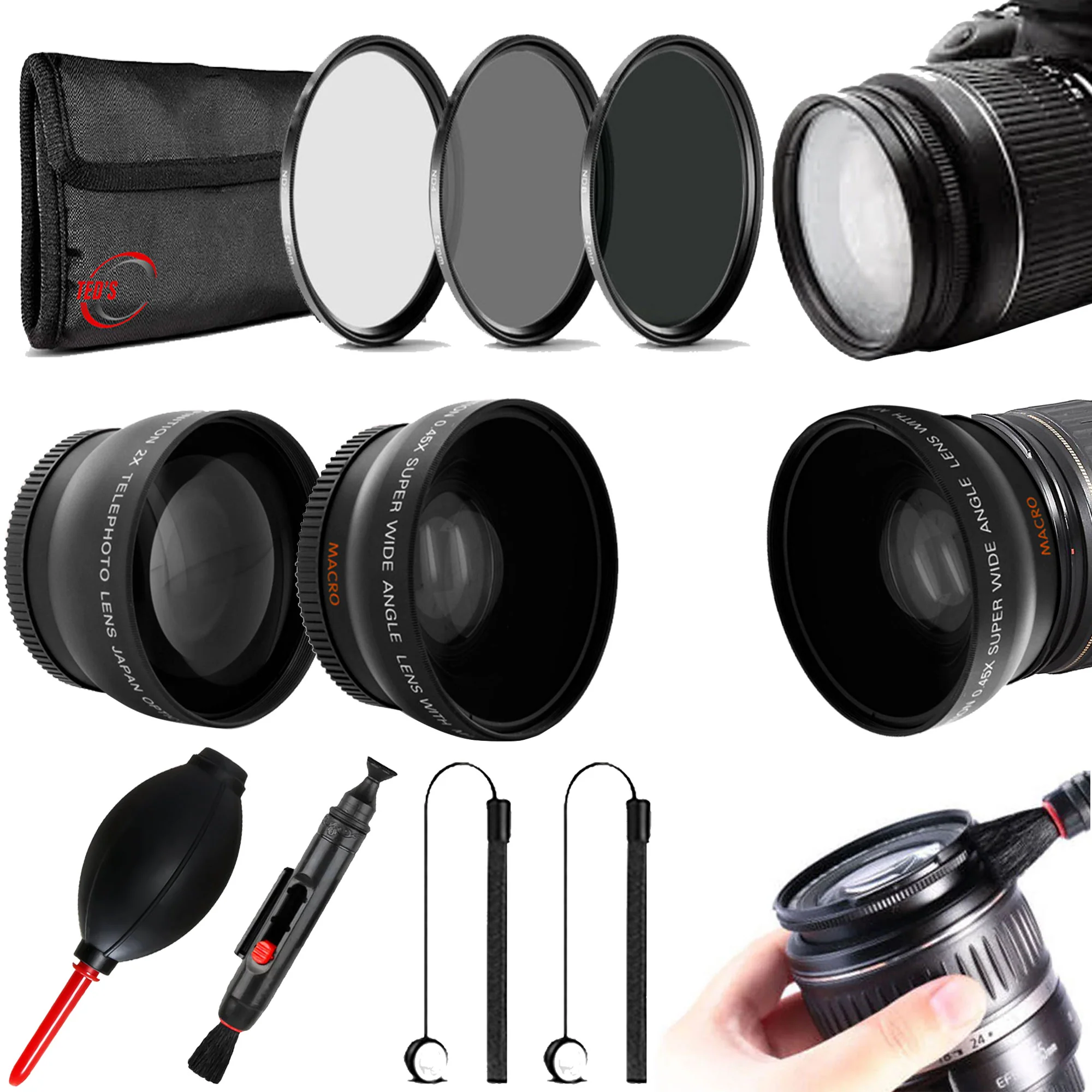 Vivitar 43mm UV CPL ND8 Filter Kit Multi-Coated HD Lenses for Canon Nikon Sony Pentax + Vivitar 43mm 0.43X Professional Wide Angle Lens with Macro + Vivitar 43mm HD Multi-Coated 2.2X Professional Telephoto Lens + Vivitar Lens Cleaning Pen + Dust Blower