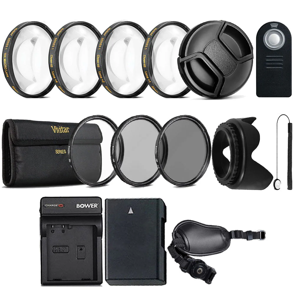 EN-EL14 Replacement Battery + Charger + 52mm UV CPL ND Lens + Macro Lens + Tulip Lens Hood + DSLR Grip Strap + Remote Control + Lens Cap + Cap Holder