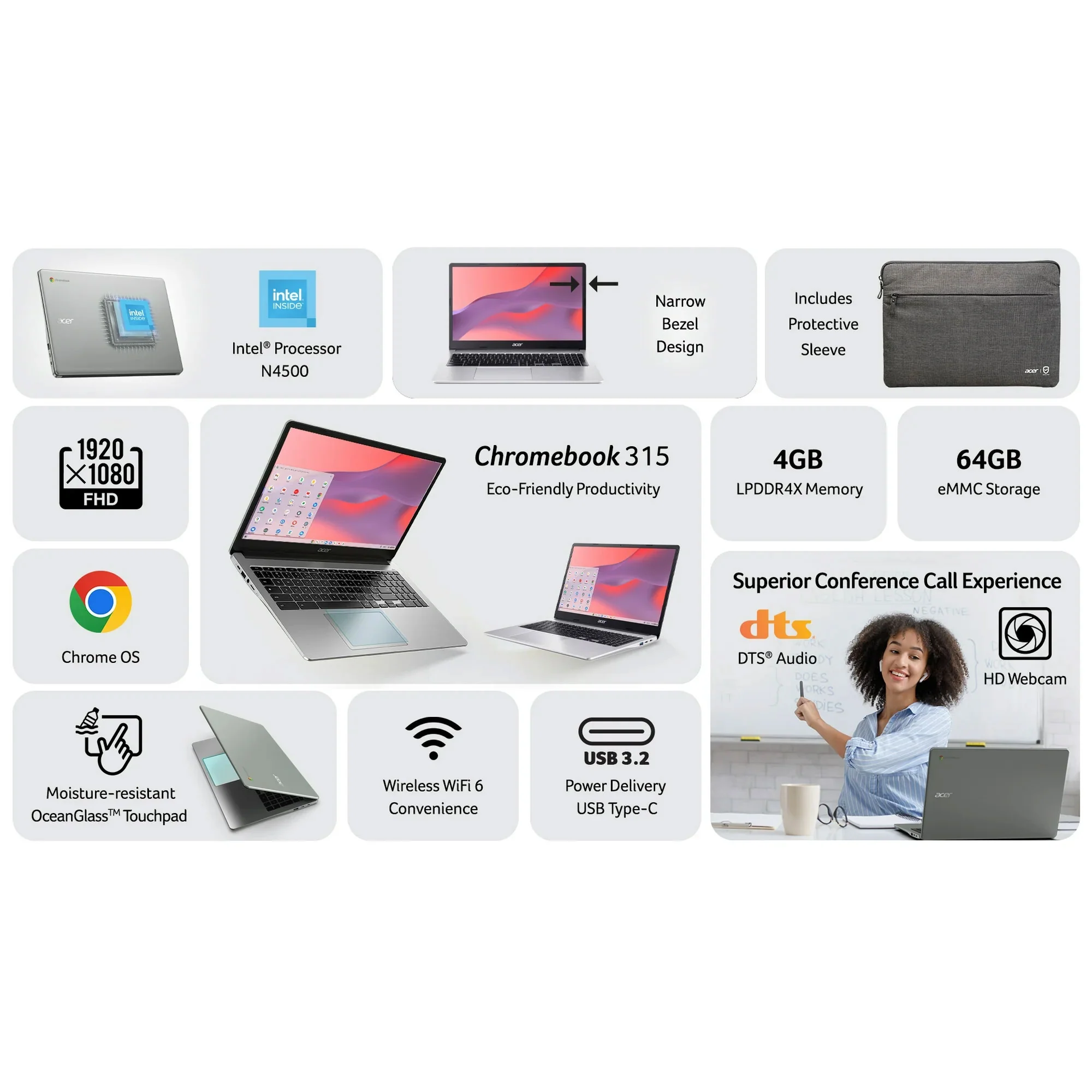 Acer Chromebook 315 15.6" Laptop Intel N4500 4GB 64GB eMMC Pure Silver + Samson SR350 Headphones + VidPro Wireless Mic + 64GB SD - Image 2