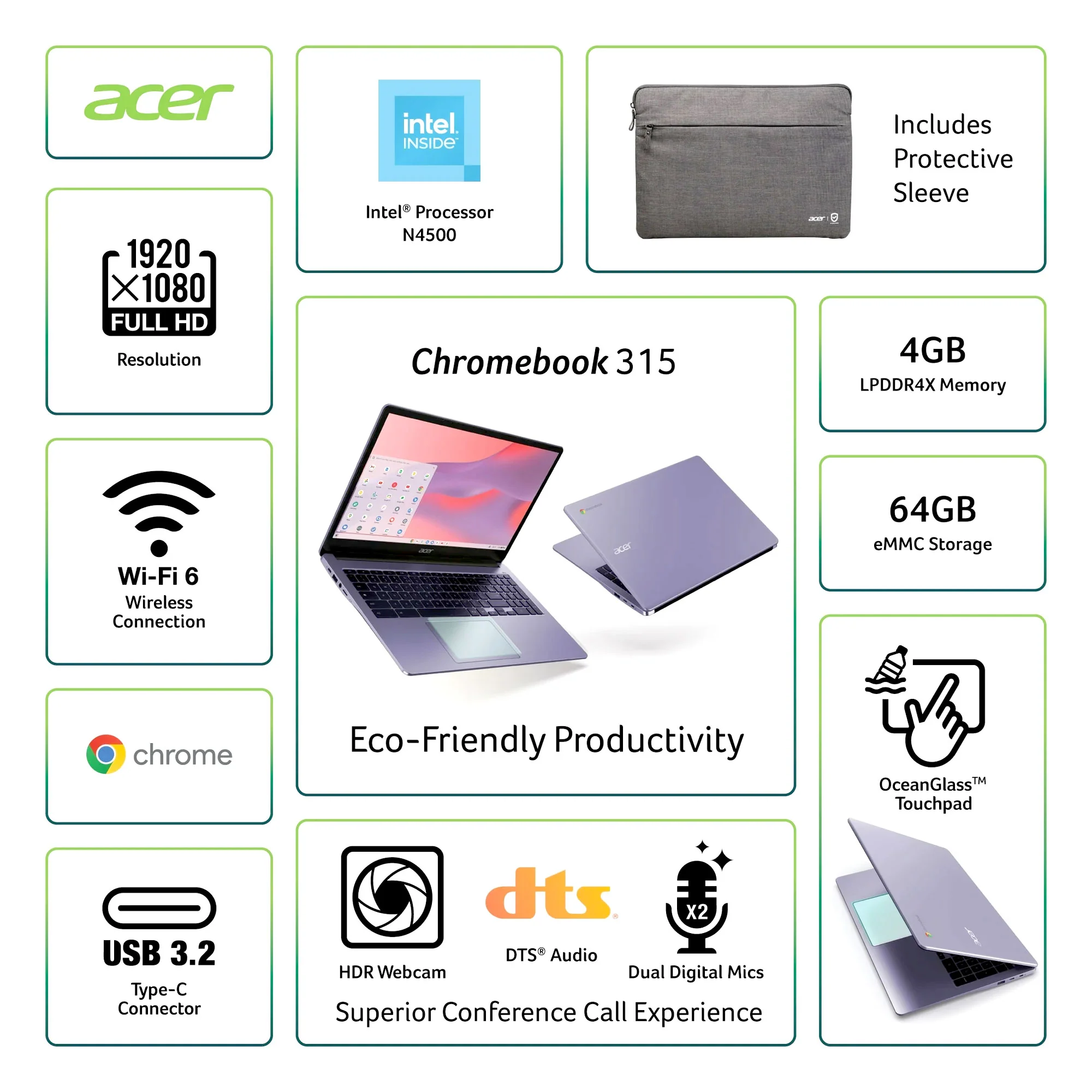 Acer Chromebook 315 15.6 inch Laptop Intel Processor N4500 4GB RAM 64GB eMMC Moonstone Purple - Image 2