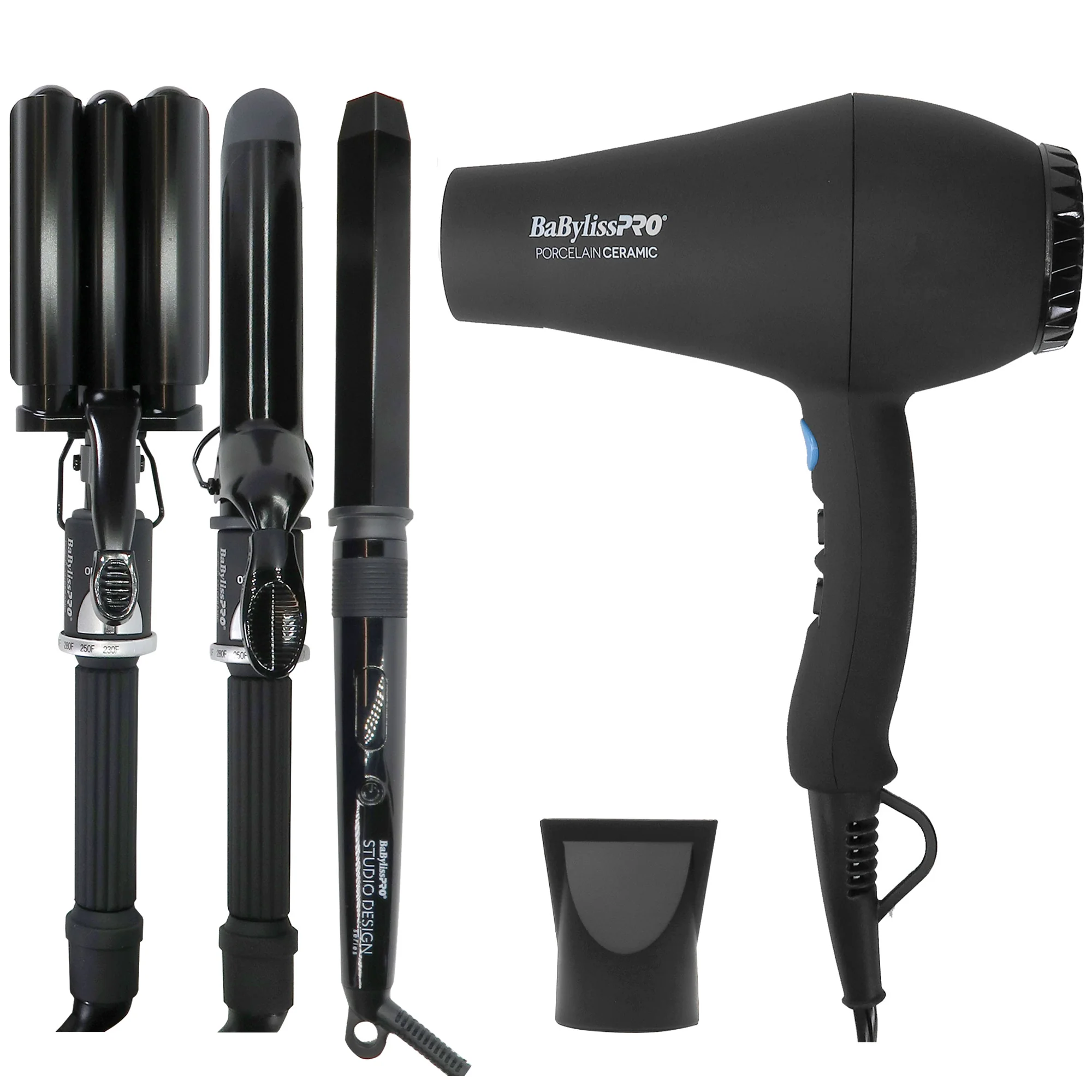 BaByliss Pro Porcelain Ceramic Gift Box (Dryer, Waver, Curling Iron) Black #BPPP7 + BaByliss Pro Studio Design Series 1.25 Inch Crimpcurl #BCI005UC