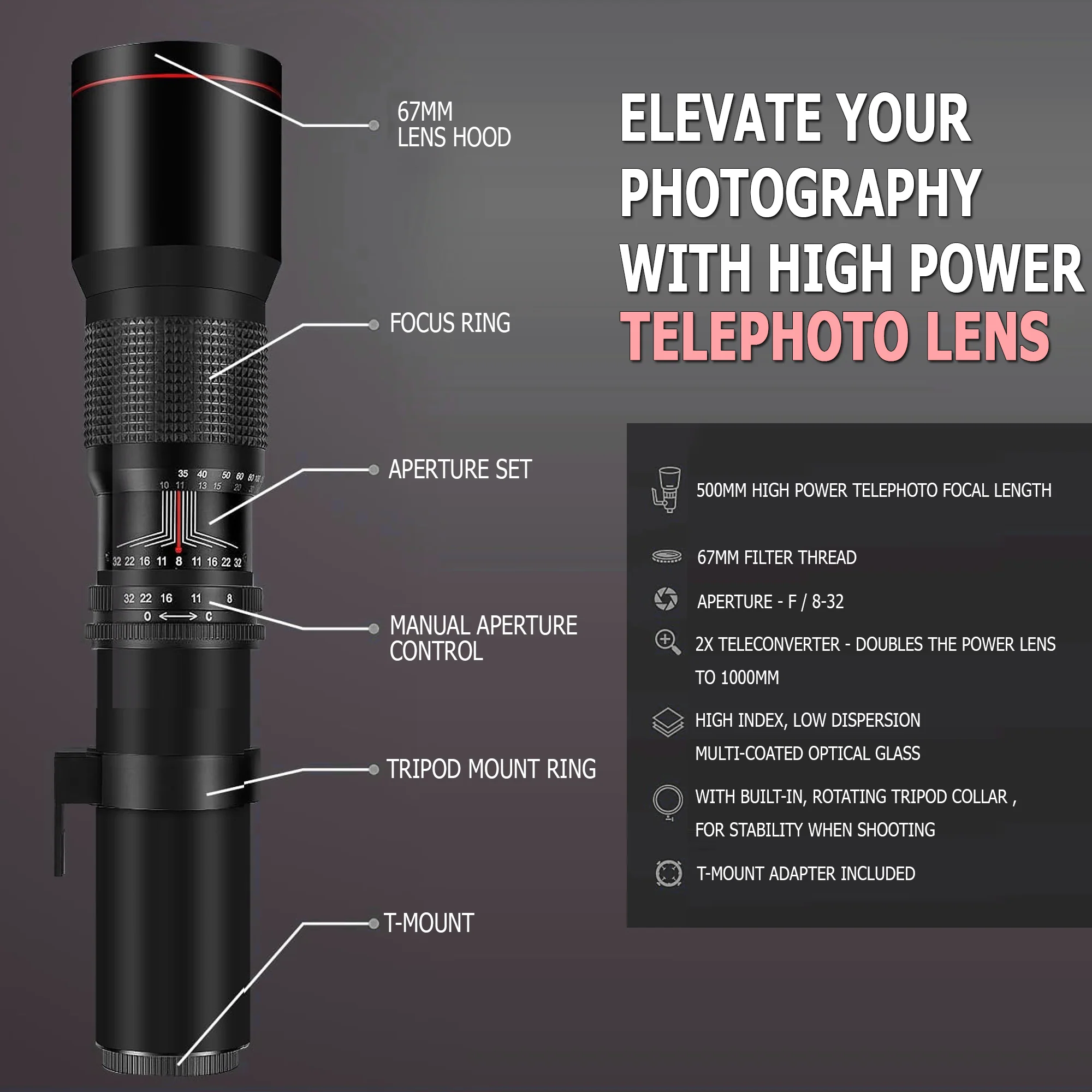 500mm/1000mm f/8 Manual Super Telephoto Lens for Sony A6500 A6400 A6300 A6100 A6000 - Image 2