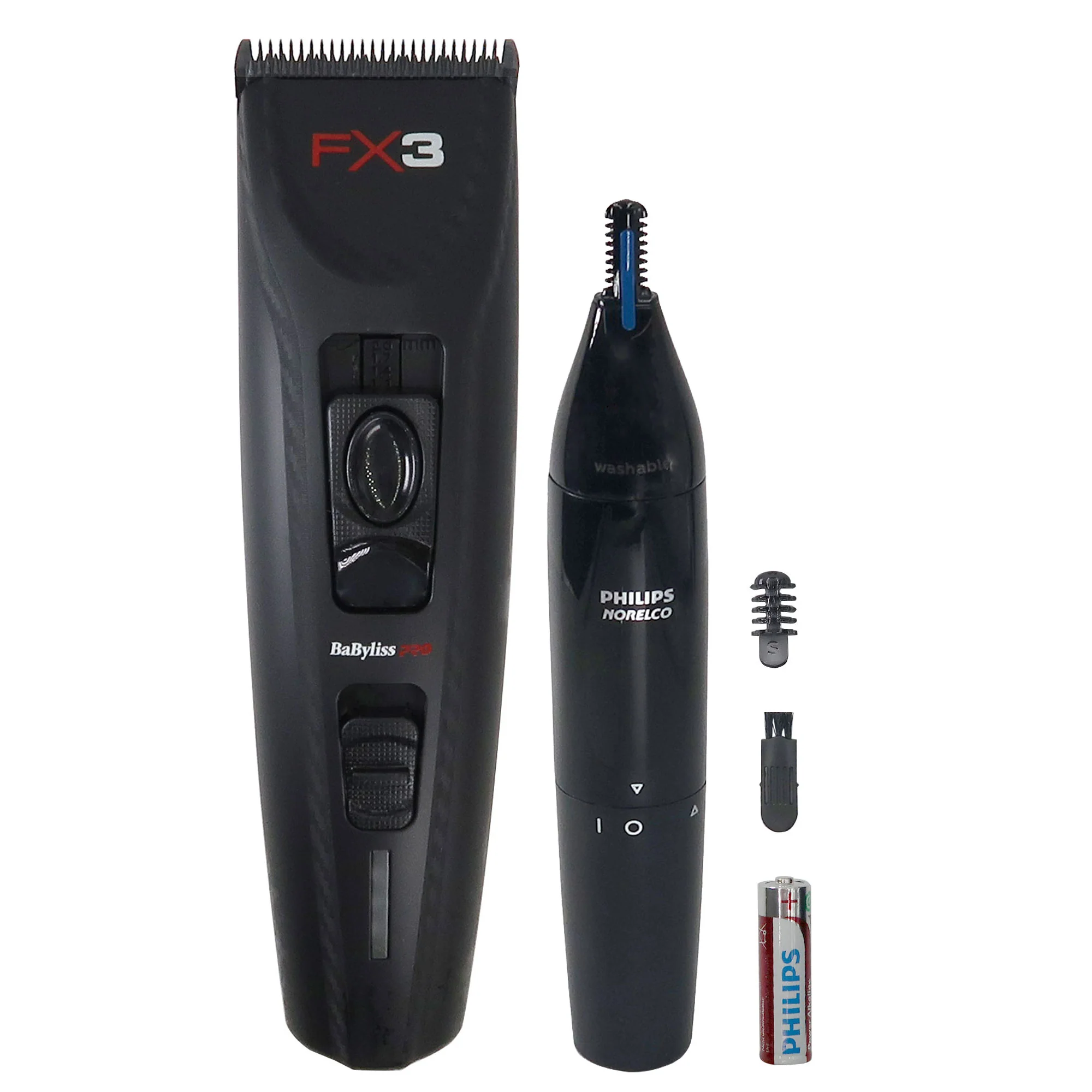 BaByliss Pro FX3 Black High Torque Cordless Clipper FXX3CB (Black) + Philips Norelco Ultimate Comfort Nose Trimmer 1000 Battery Powered NT1605/60 for Nose, Ear and Eyebrows