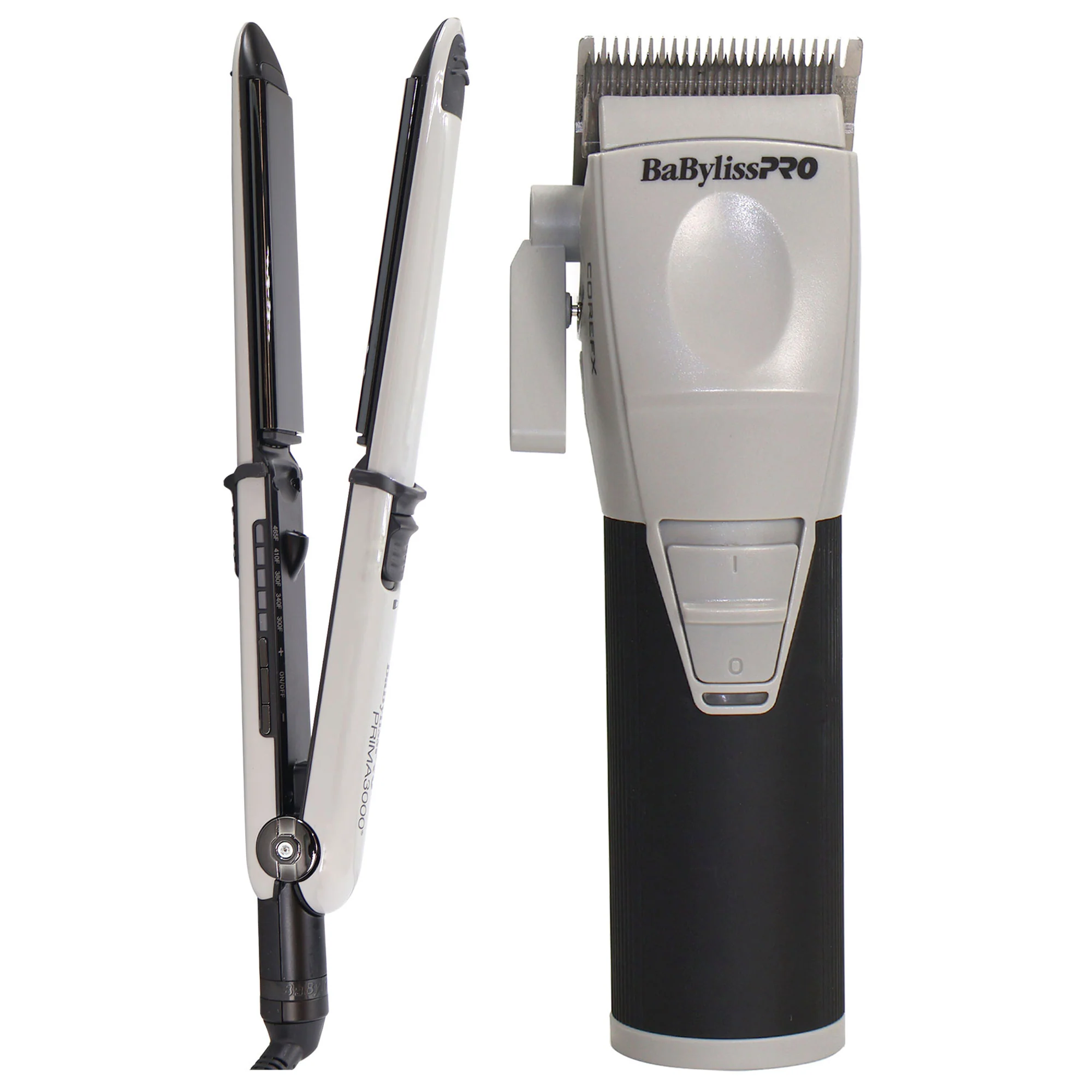 BaByliss Pro Limited Edition Nano Titanium Prima 3000 Stainless Steel 1 1/4" Flat Iron Grey BNT3000TGY with COREFX Pro Performance Hair Clipper FX86