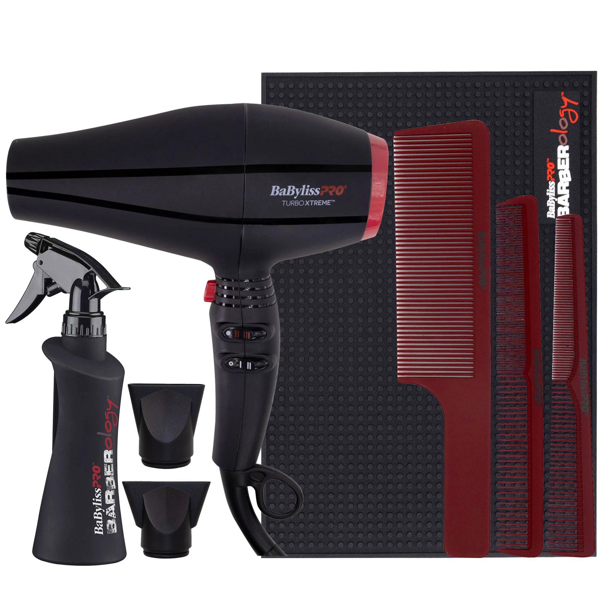 BaByliss Pro Professional Turbo Xtreme Hair Dryer BAB9400UC (Black) + Babyliss Pro Barberology Comb Set (Clipper, Cutting, Taper Combs) - Red + 10oz Spray Bottle + Professional Barber Mat