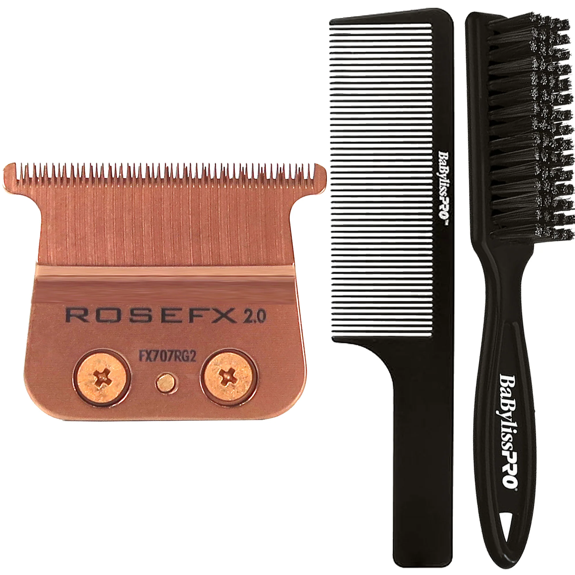 Babyliss Pro Rose Gold FX707RG2 Replacement Deep Tooth T-Blade 2.0MM + BaByliss Pro Fade Brush BPFADEB + BaByliss Pro 9" Clipper Comb