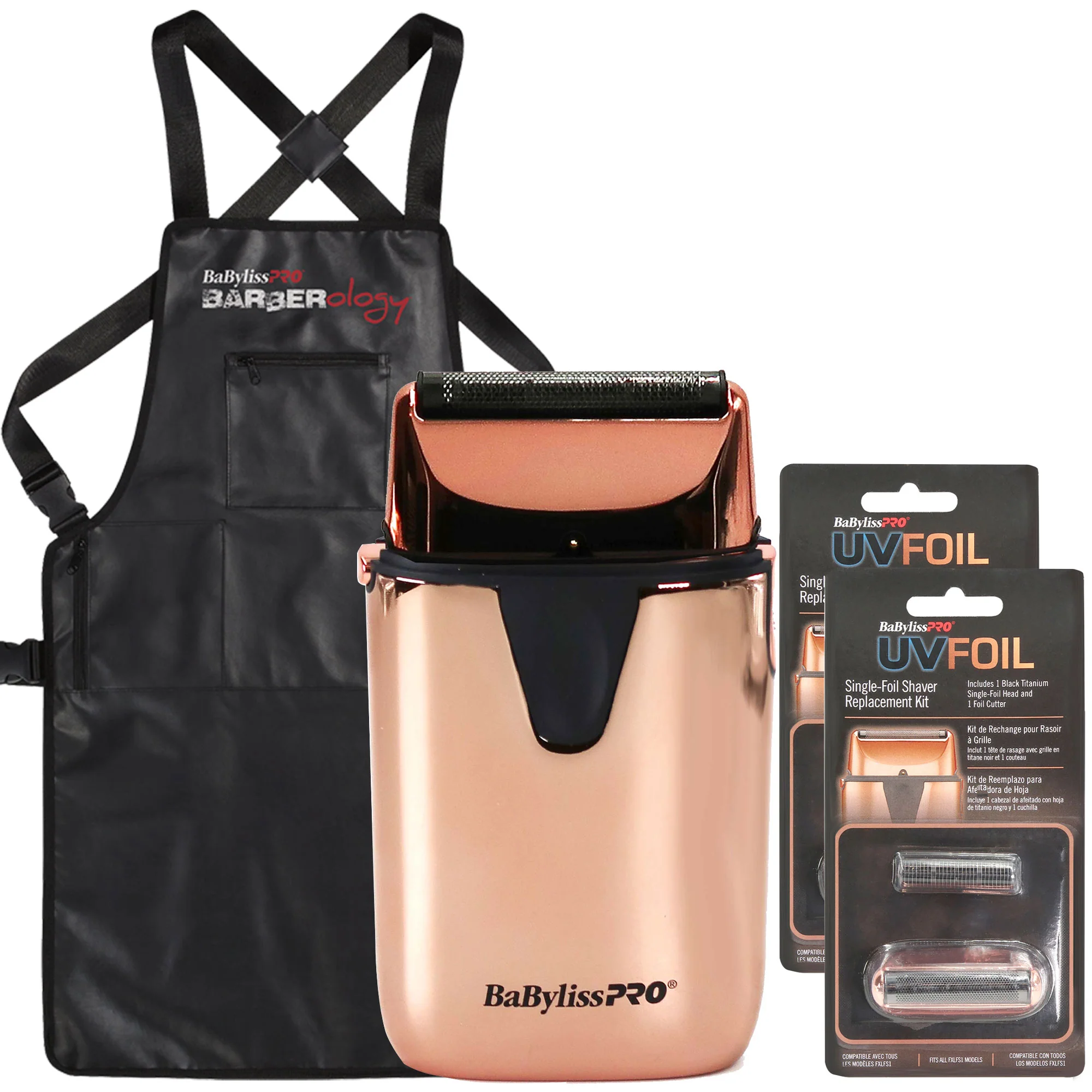 BaByliss Pro LIMITED EDITION UVFOIL UV-Disinfecting Single Foil Shaver FXLFS1RG with UVFOIL Single-Foil Shaver Replacement Kit FXLRF1RG and Apron