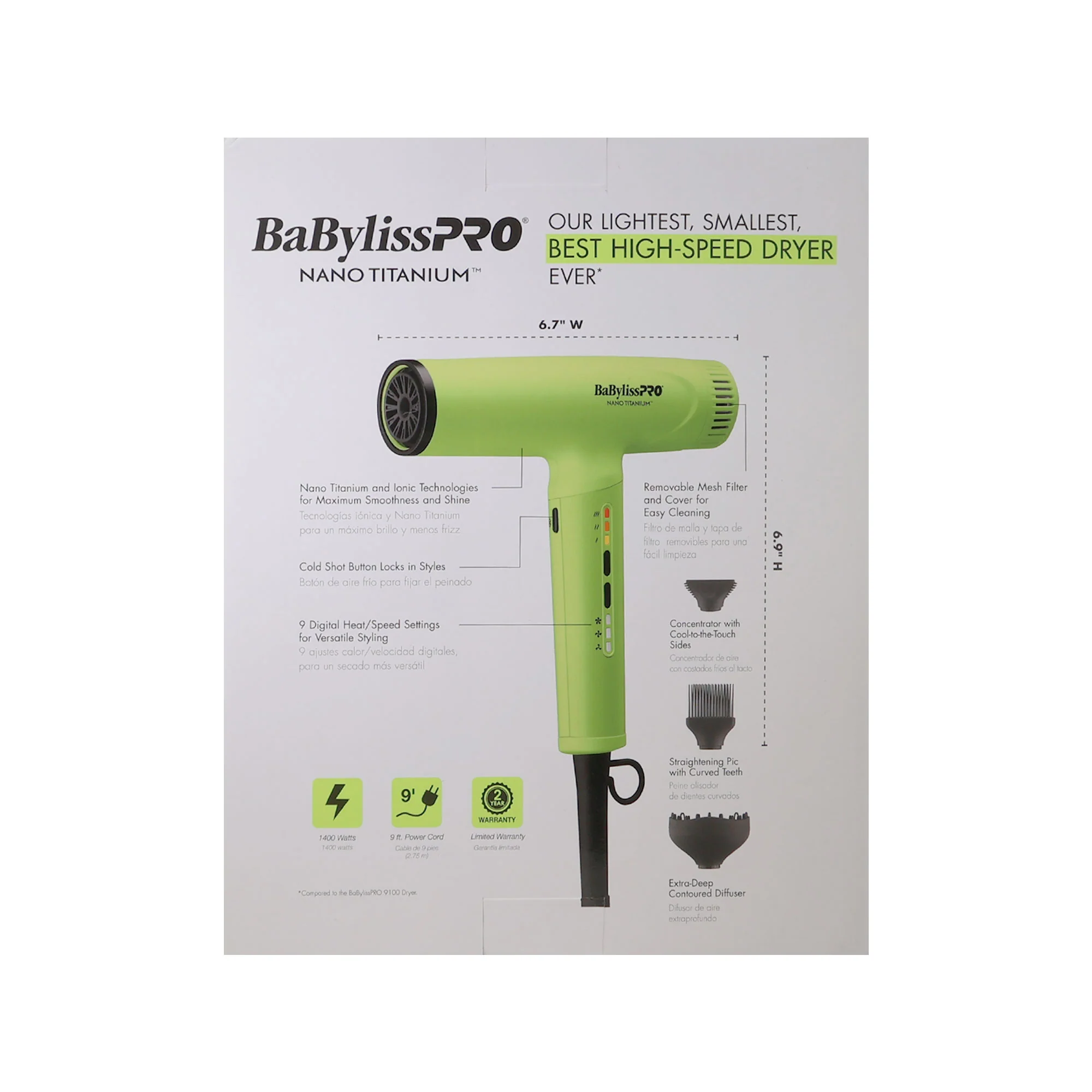BaBylissPRO Nano Titanium Ionic Neon Yellow Hair Dryer BNTC9200NY + 1" Ultra-Thin Flat Iron T4072TUC - Image 4