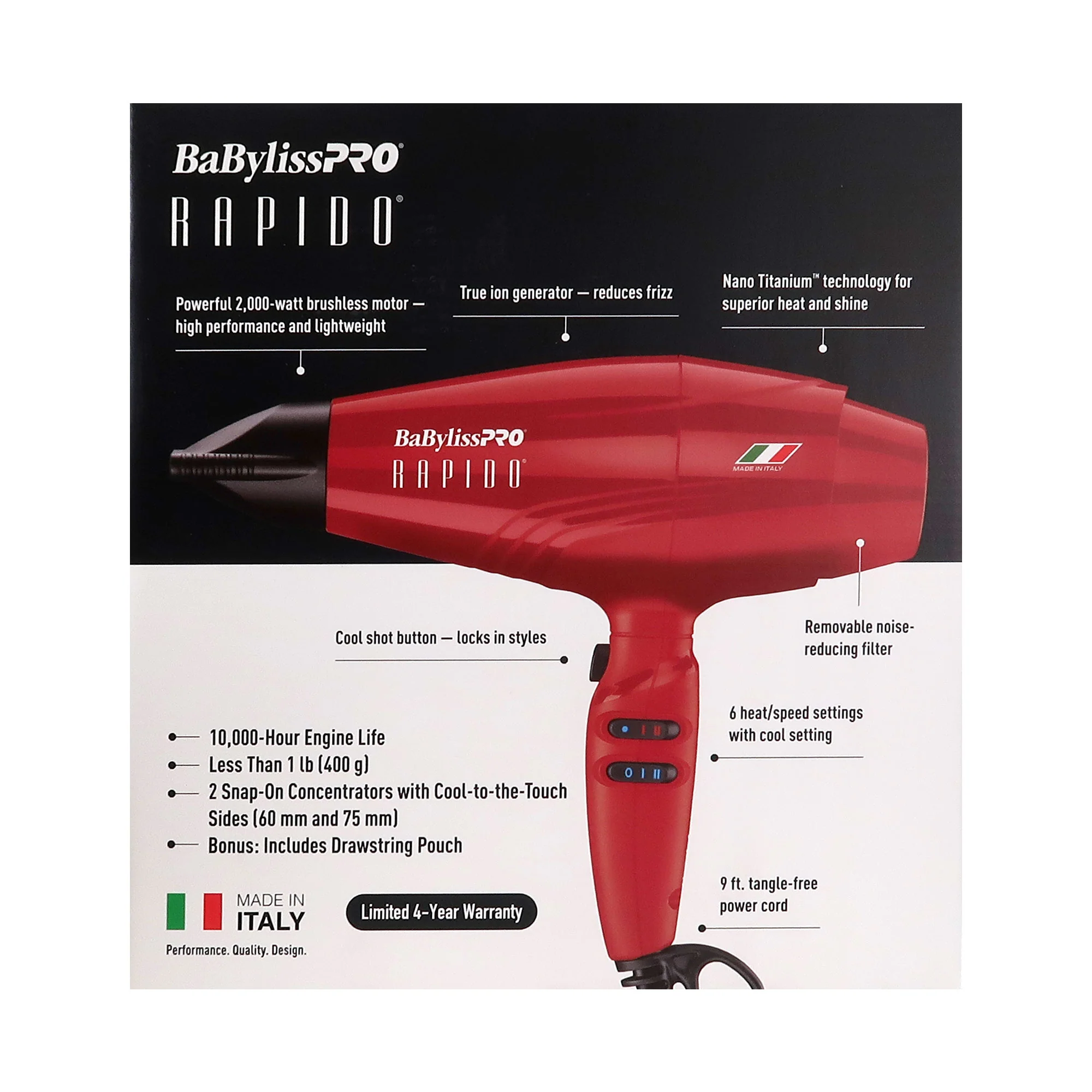 BaByliss Pro Rapido Nano Titanium Italian Performance Hair Dryer (Red) #BRRAP1 with Prima 3000 1¼" Flat Iron and Prima2000 3/4" Mini Flat / Curling Iron - Image 5