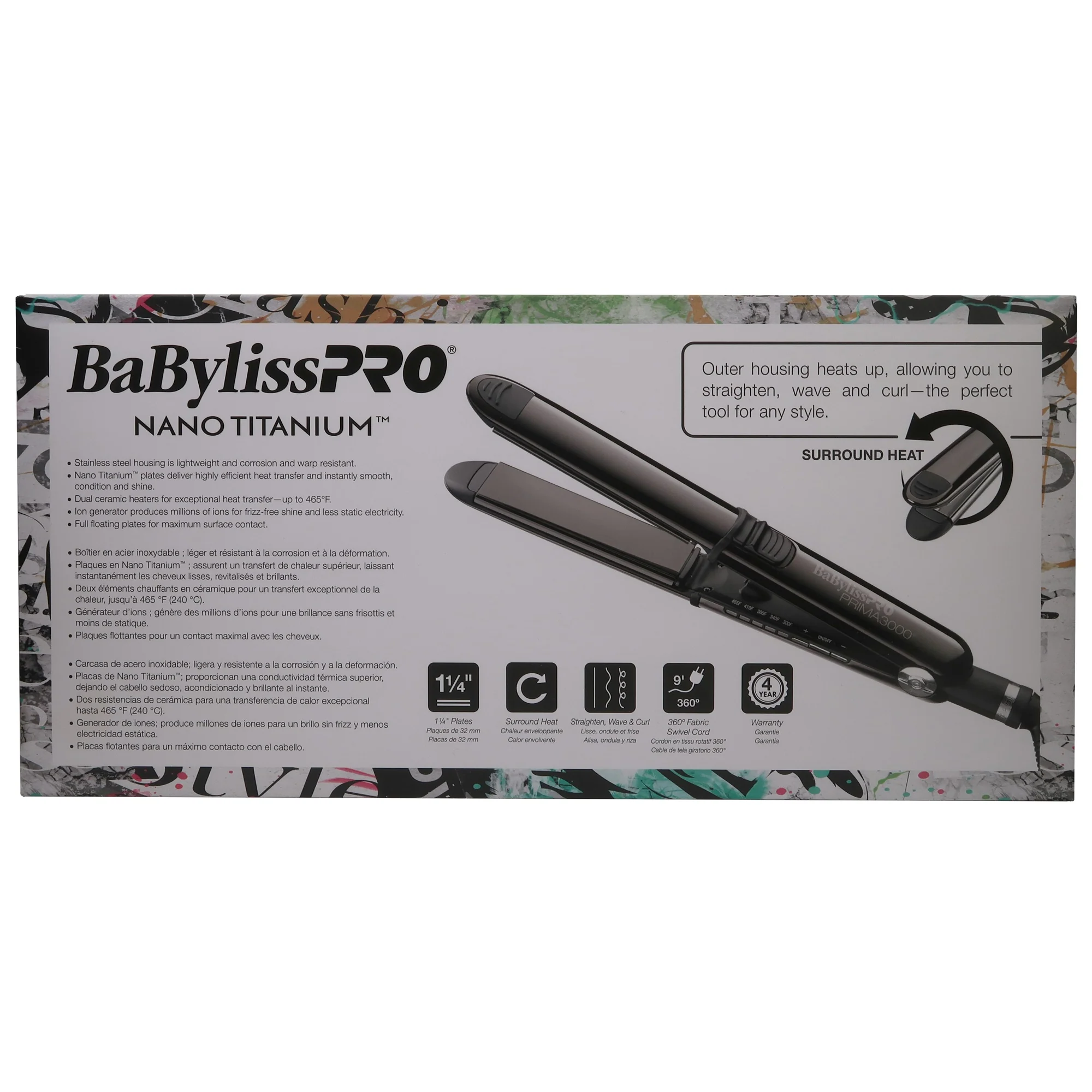 BaByliss Pro LIMITED EDITION Nano Titanium 1¼" Prima 3000 Stainless Steel Flat Iron Black BNTBK3000TUC with Porcelain Ceramic 3/4" Spring Curling Iron and Brush - Image 4