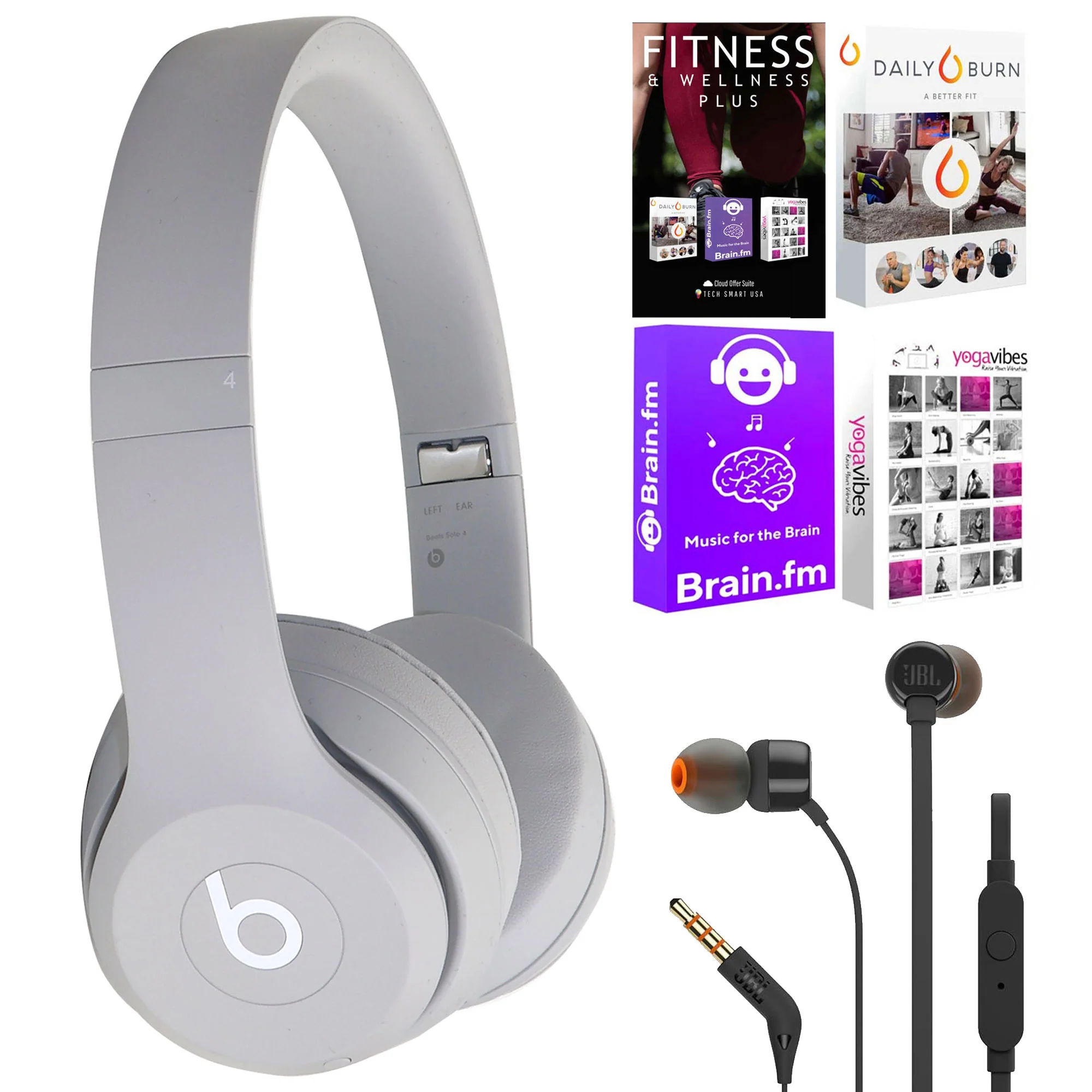 Beats Solo 4 Wireless On-Ear Bluetooth Headphones - Drenched Grey with JBL T110 in Ear Headphones and Fitness and Wellness Plus Software