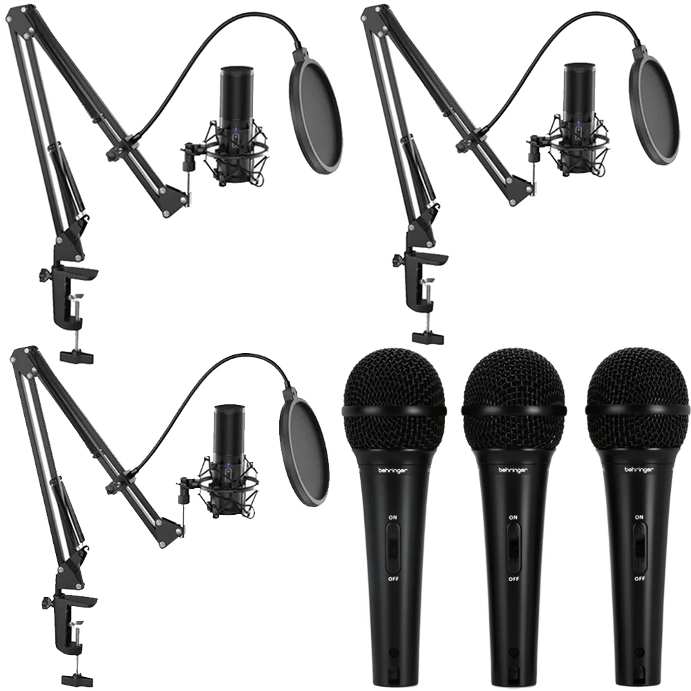 Behringer XM1800S Dynamic Vocal & Instrument Microphone (3-pack) + 3x Vivitar Streaming Microphone Accessory Kit for Hands-free Studio Recording Vlogging with Adjustable Arm Desk Clam Pop Filter