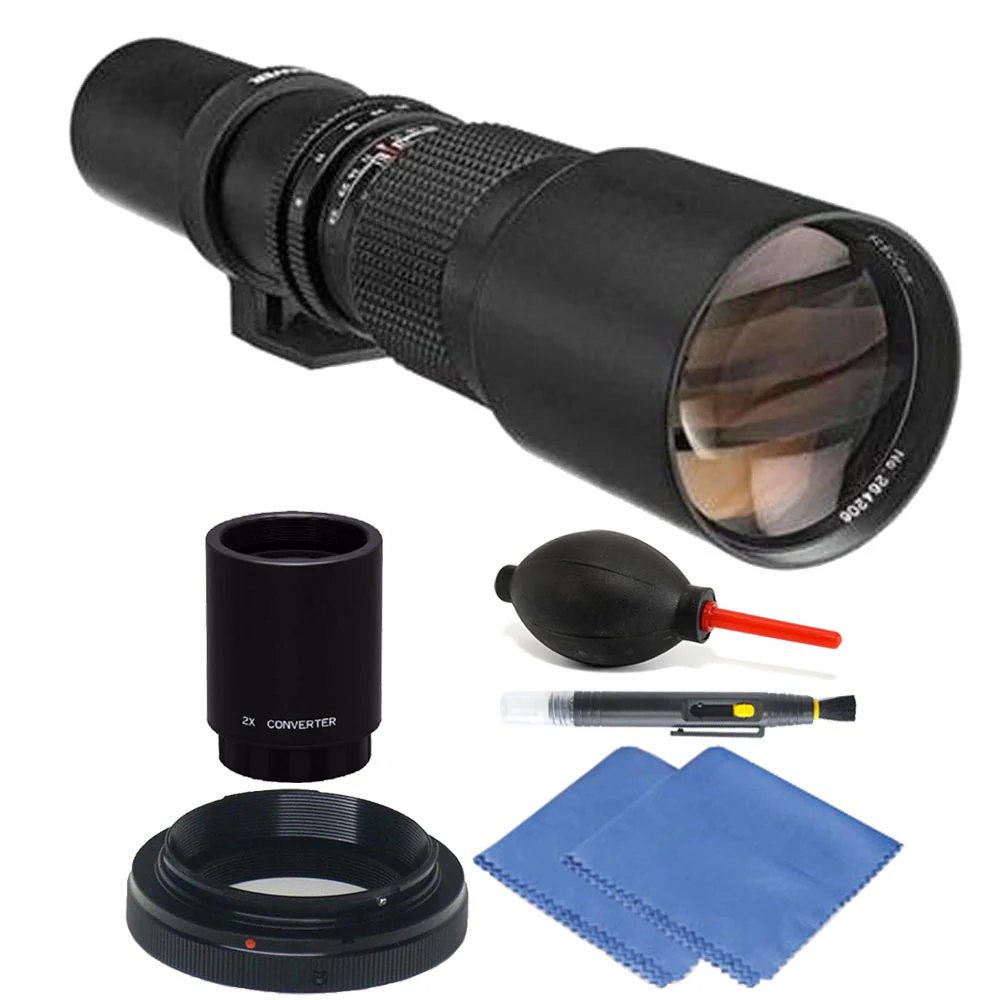 Bower 500mm / 1000mm f/8 Telephoto Lens for Nikon + 2x Converter + T-mount + Lens Cleaner + Dust Blower + Cleaning Cloth