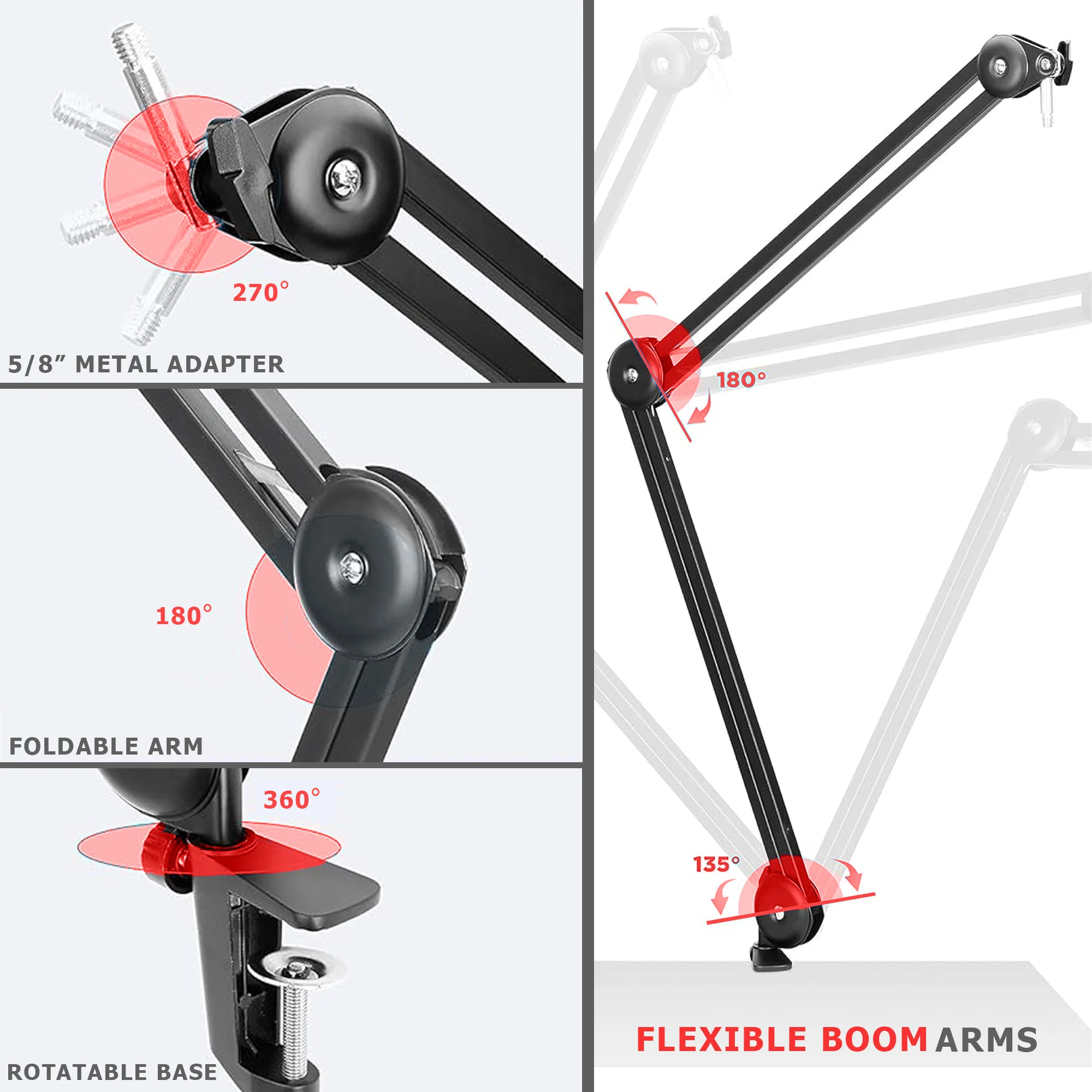 Boya BY-BA20 Aluminum Alloy Desk Holder Microphone Stand Bracket with Desk Mount & 5/8†to 3/8†Screw Heavy-Duty Microphone Arm Stand Adjustable & Foldable for Streaming, Podcast, Video Gaming, Recording - Image 4