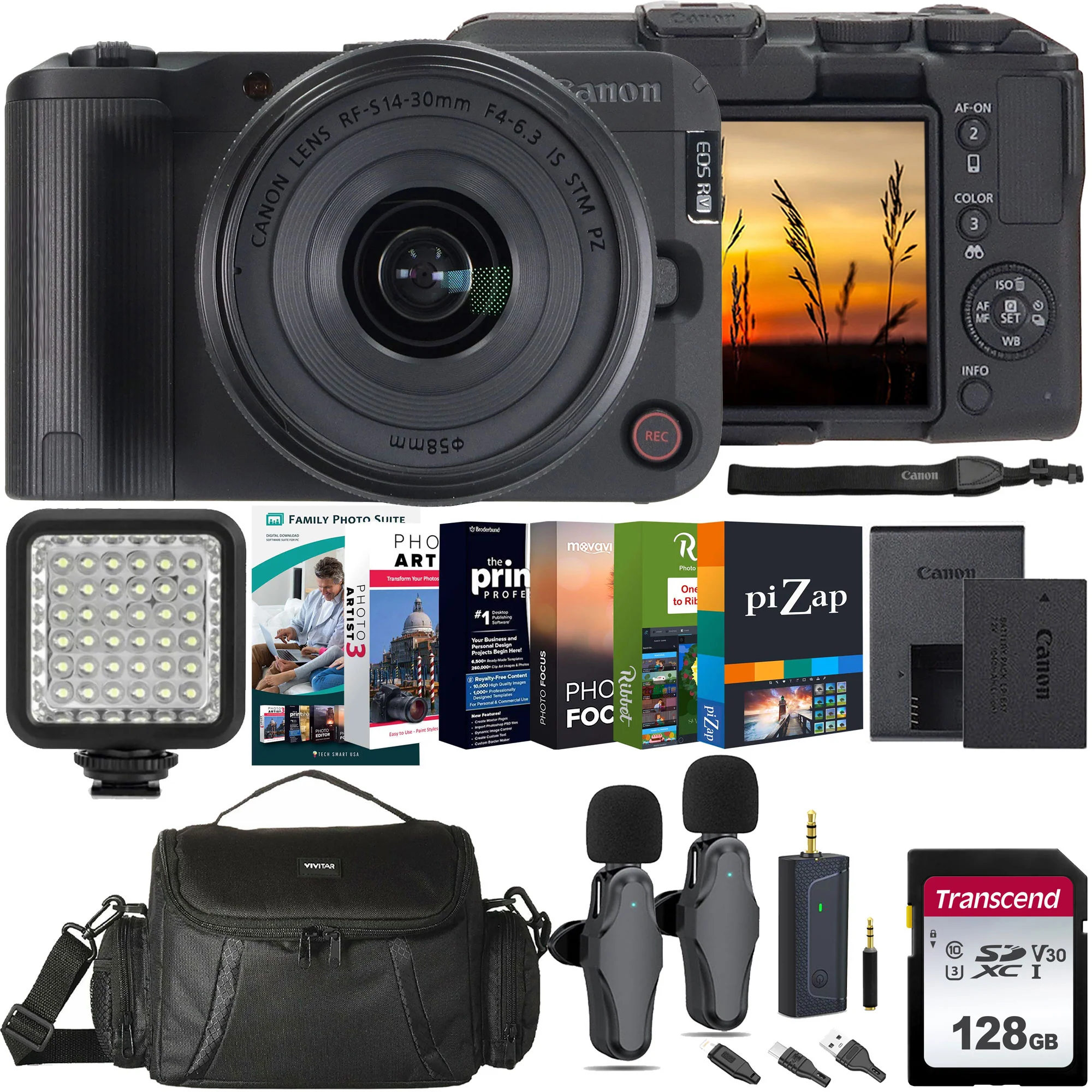 Canon EOS R50 V Mirrorless Camera + RF-S 14-30mm f/4-6.3 IS STM PZ Lens + 128GB SDXC/SDHC Card + Photo Video Pro Editing Suite + LED-50 Photo And Video Light + VPT200 Sports Action Grip for Camera & Camcorder + Wireless Lavalier Microphone Ses + Case