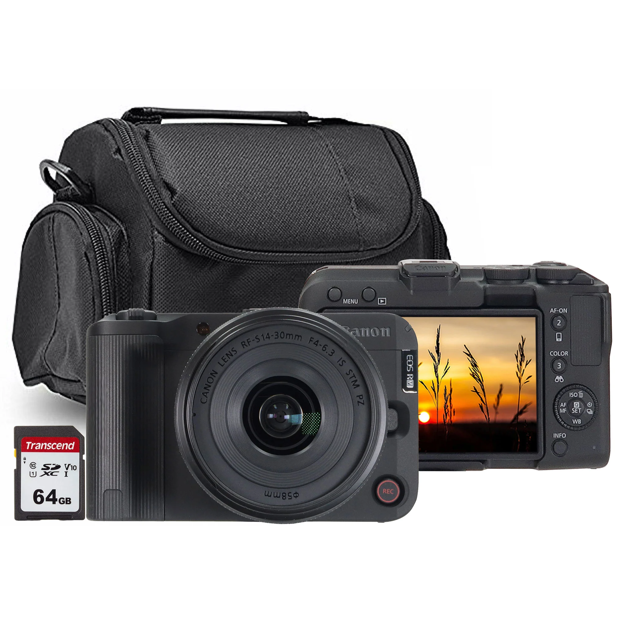 Canon EOS R50 V Mirrorless Camera + Canon RF-S 14-30mm f/4-6.3 IS STM PZ Lens (Canon RF) + Transcend 64GB 300S SDXC Class 10 Memory Card + BePro BC-2 Case (Medium)