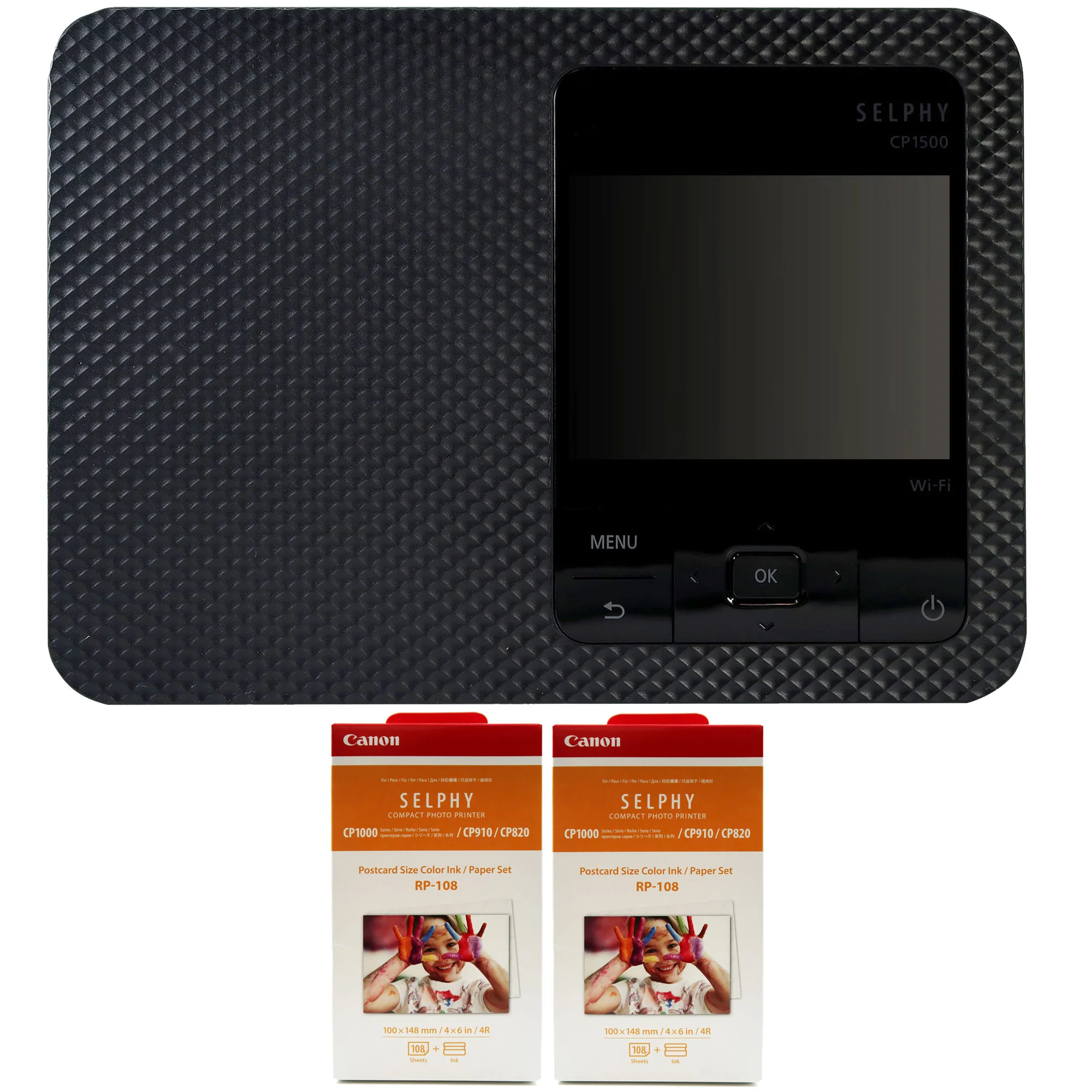 Canon SELPHY CP1500 Compact Photo Printer (Black) with 2x Canon RP-108 High-Capacity Color Ink and Paper Set