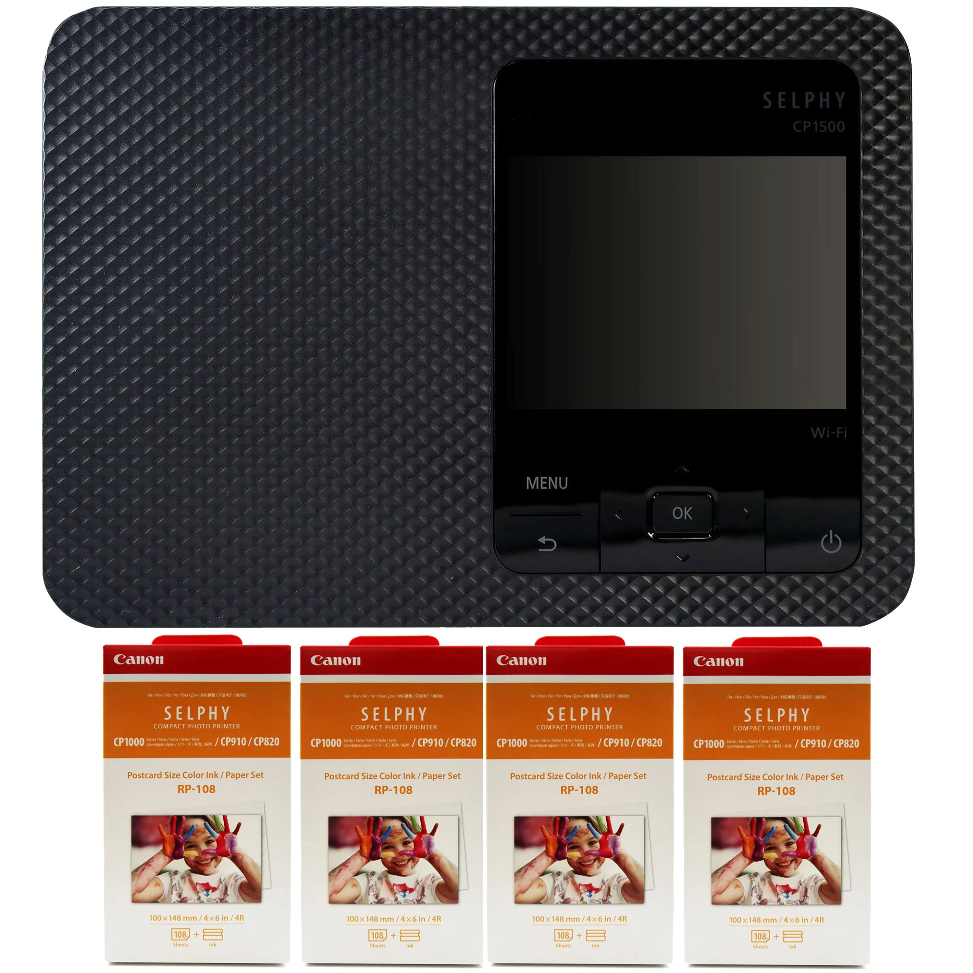 Canon SELPHY CP1500 Compact Photo Printer (Black) with 4x Canon RP-108 High-Capacity Color Ink and Paper Set