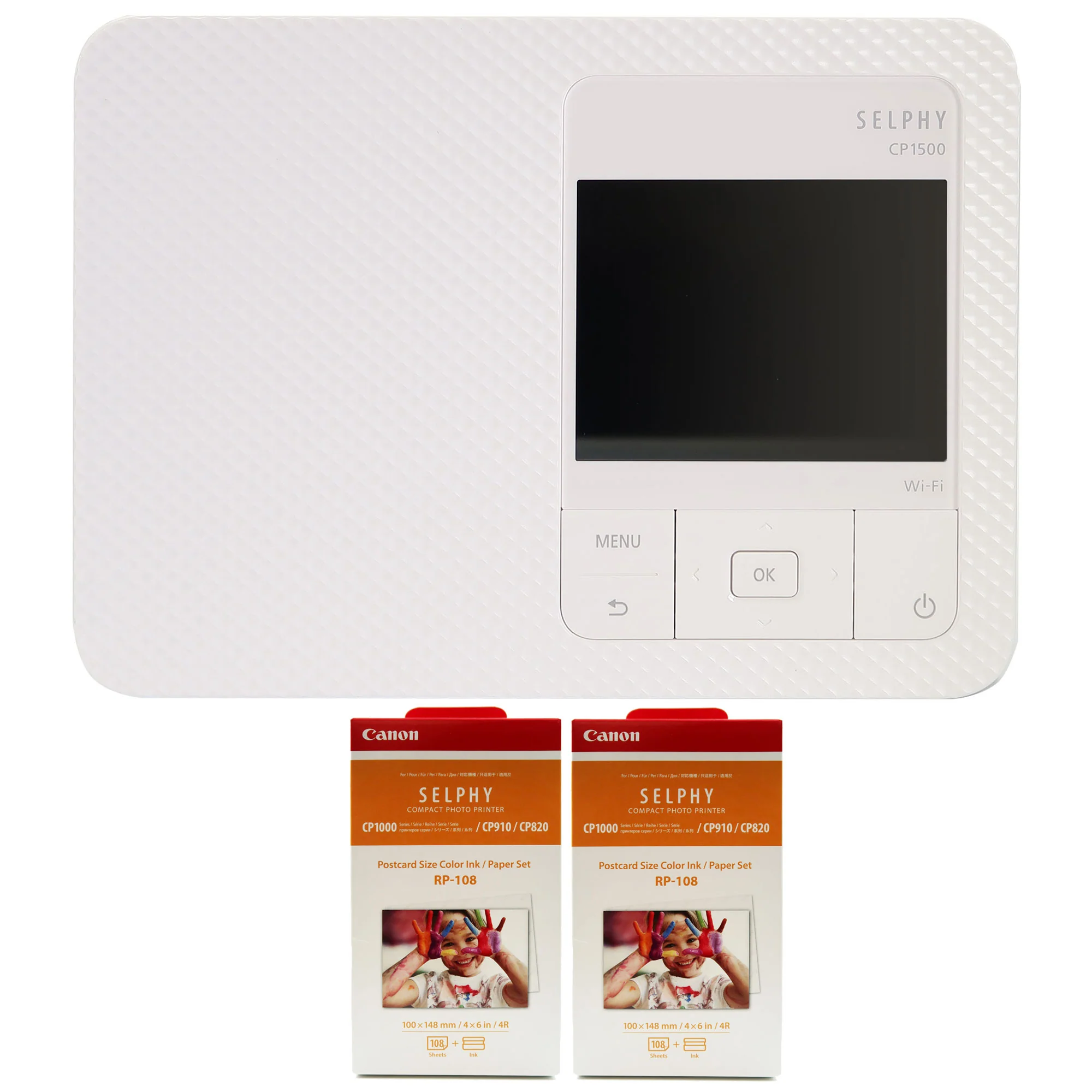 Canon SELPHY CP1500 Compact Photo Printer (White) with 2x Canon RP-108 High-Capacity Color Ink and Paper Set