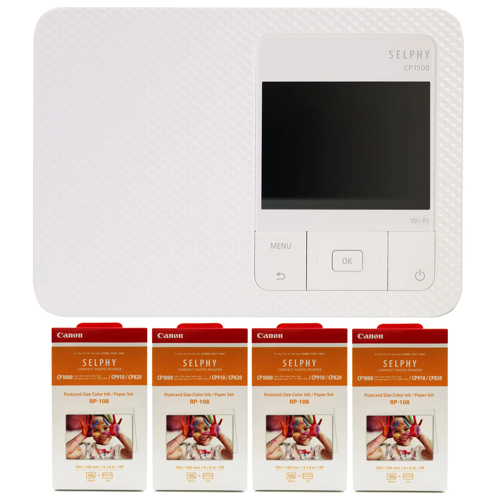 Canon SELPHY CP1500 Compact Photo Printer (White) with 4x Canon RP-108 High-Capacity Color Ink and Paper Set