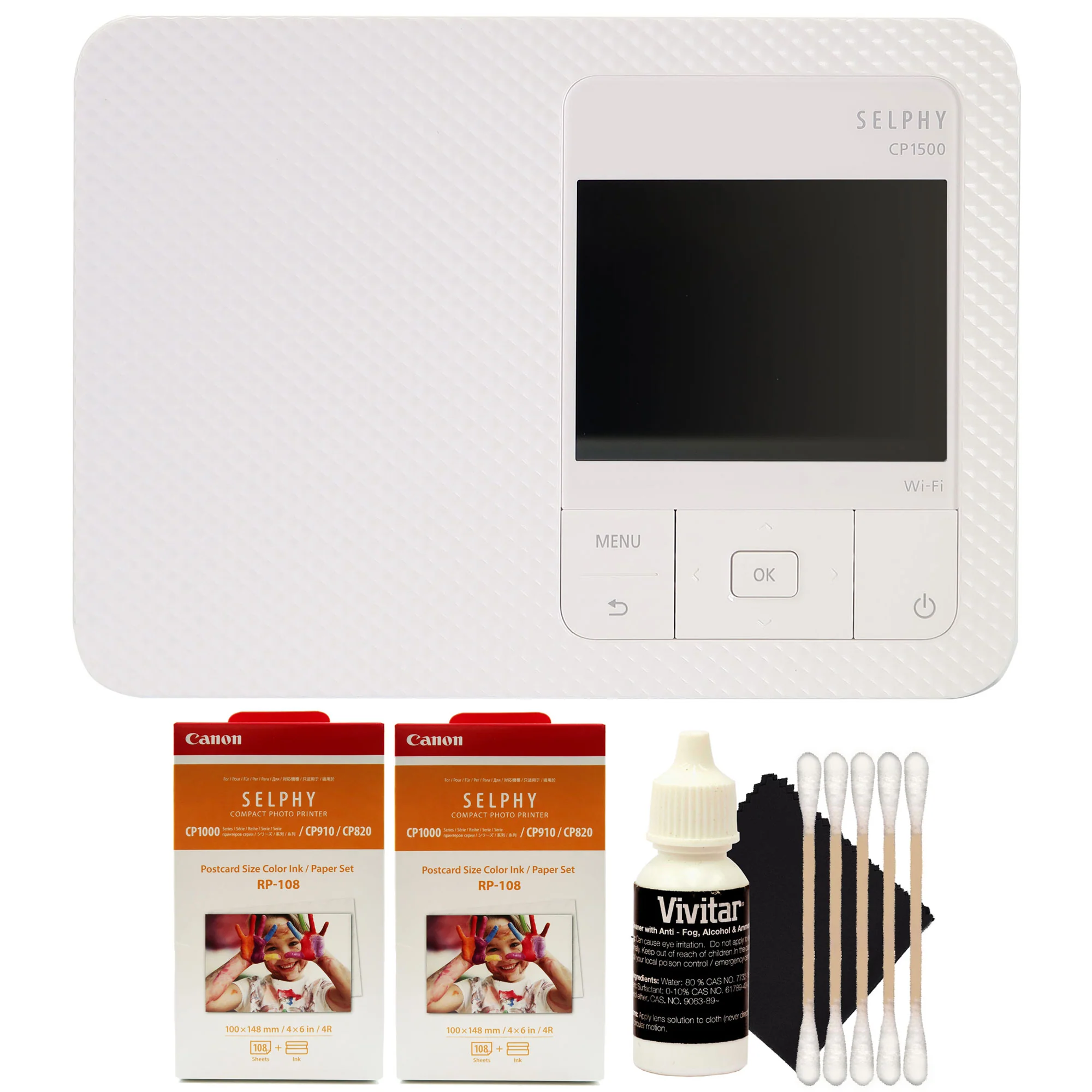 Canon SELPHY CP1500 Compact Photo Printer (White) with 2x Canon RP-108 High-Capacity Color Ink, Paper Set and Cleaning Kit