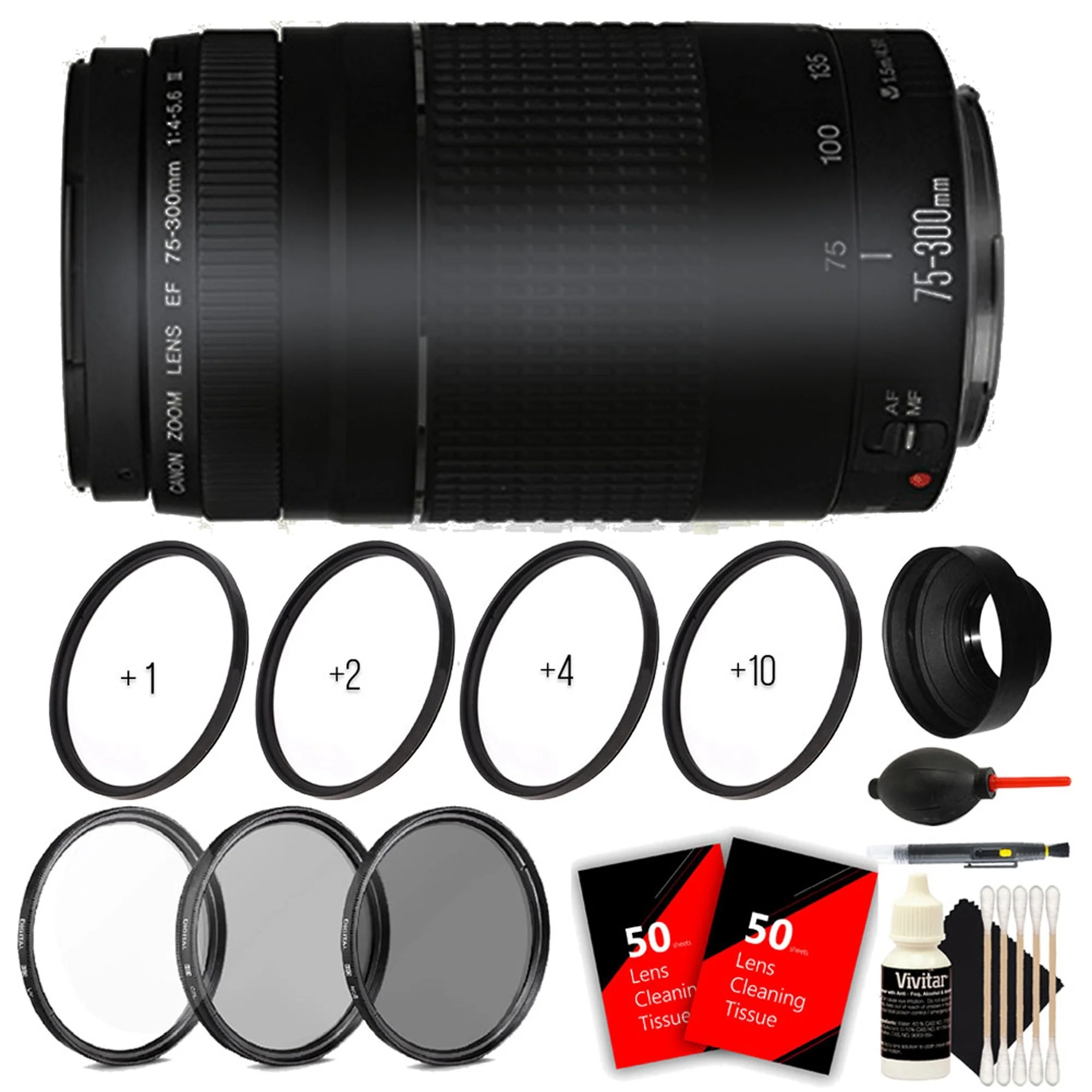 Canon EF 75-300mm f/4-5.6 III Lens + 58mm Macro Kit + UV CPL Filter Kit + Rubber Lens Hood + Lens Cleaner + Dust Blower + 100 Lens Tissue + 3pc Cleaning Kit