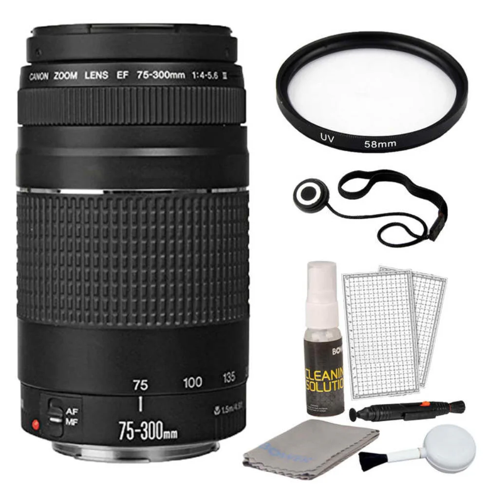 Canon EF 75-300mm f/4.0-5.6 III Lens + 58mm UV Filter + Cap Holder + 5pc Cleaning Kit