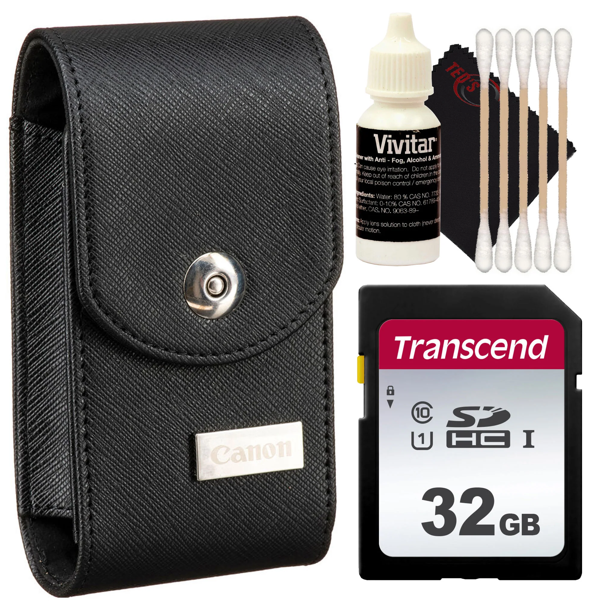 Canon Leather Camera Case for PowerShot G7X Mark III + Transcend 32GB SDXC/SDHC 300S Memory Card TS32GSDC300S + Vivitar Three Piece Cleaning Kit For Camera, Lens, Iphone or Glasses