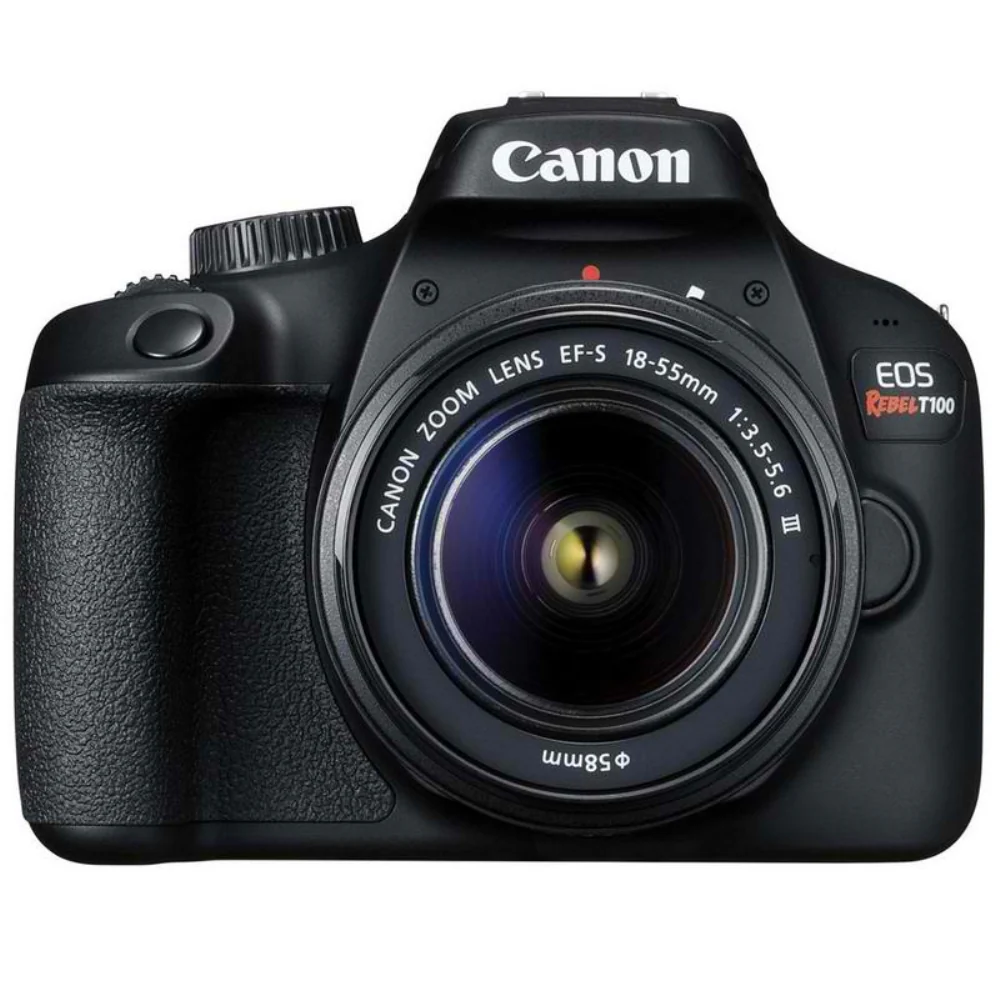 Canon EOS T100 18MP Digital SLR Camera + 18-55mm Lens + 32GB Memory Card + 58mm Telephoto & Wide Angle Lens + 58mm Filter + Macro Kit + Wallet + Reader + Tall Tripod + Slave Flash + Case + Cleaning Kit + Mini Tripod - Image 2