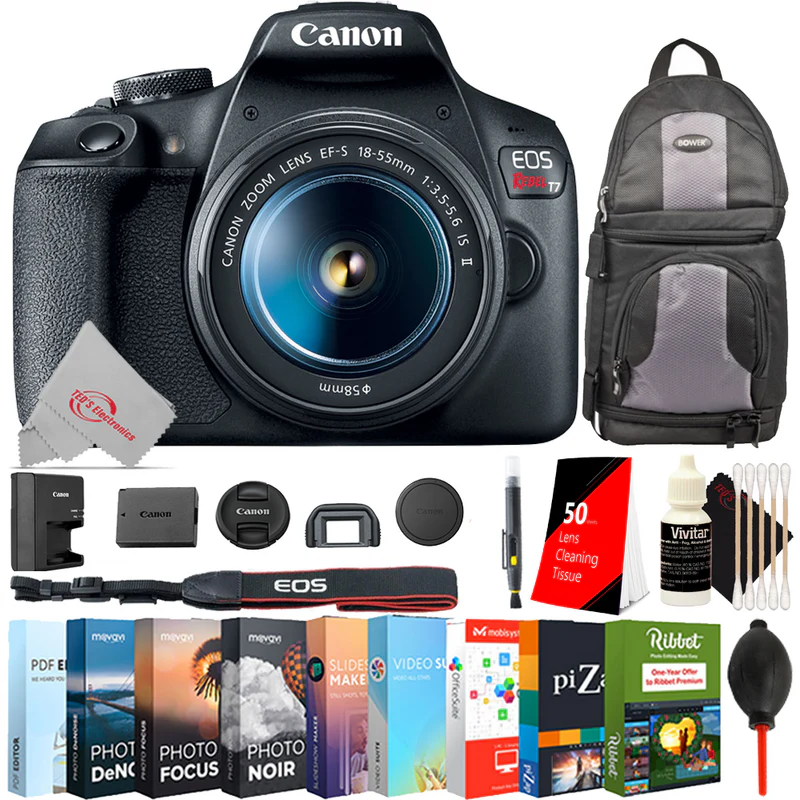 Canon T7 Digital SLR Camera with 18-55mm Lens + Photo Editor Software Bundle + Lens Pen + Dust Blower + 50 Lens Tissue + Backpack + 3pc Cleaning Kit