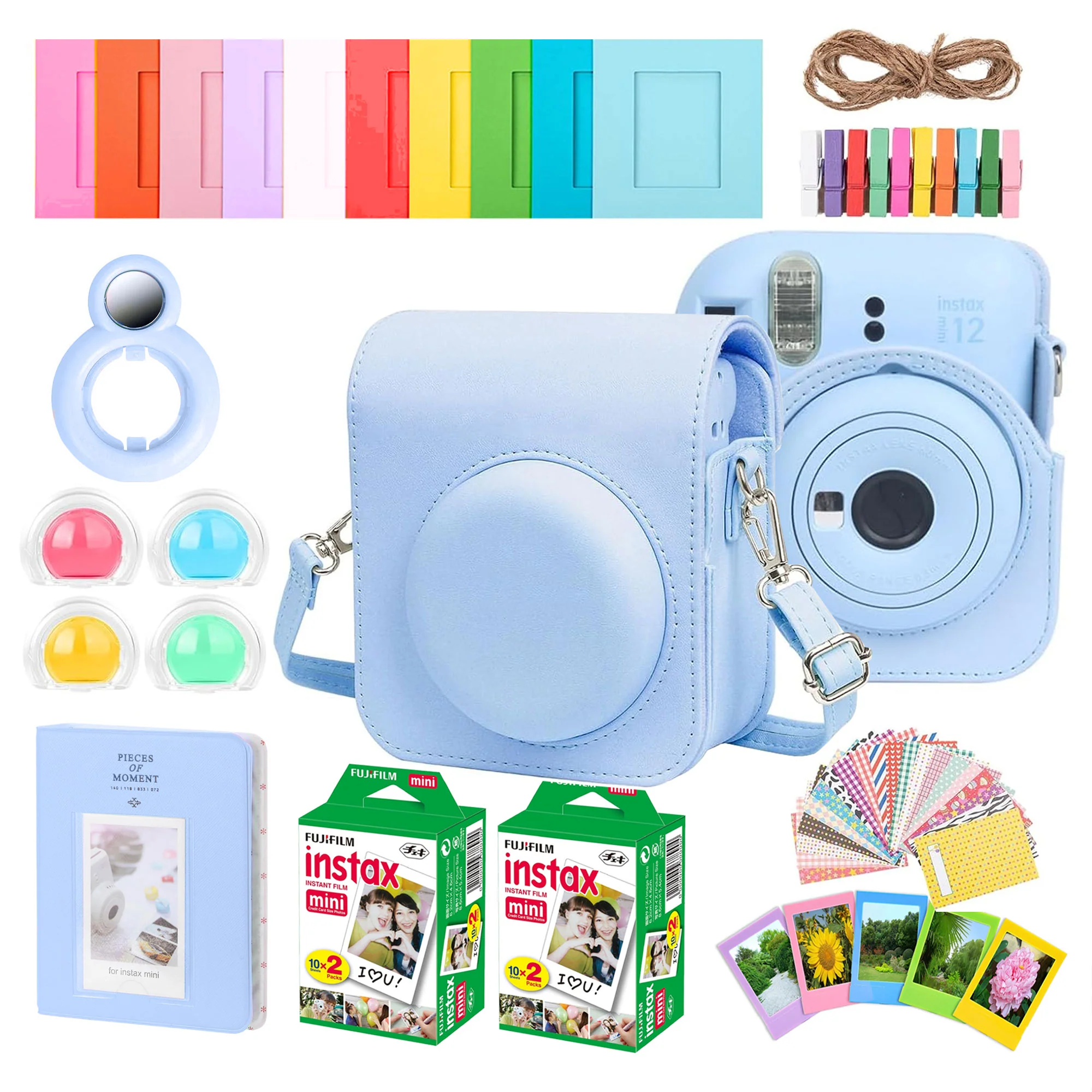 Complete Accessory Kit for Fujifilm Instax Mini 8/9/11/12 – Camera Case, Photo Album, Frames, Stickers & Lens Filters (Blue) + 2x Fujifilm 2x10 Film Mini Instax Film Pack