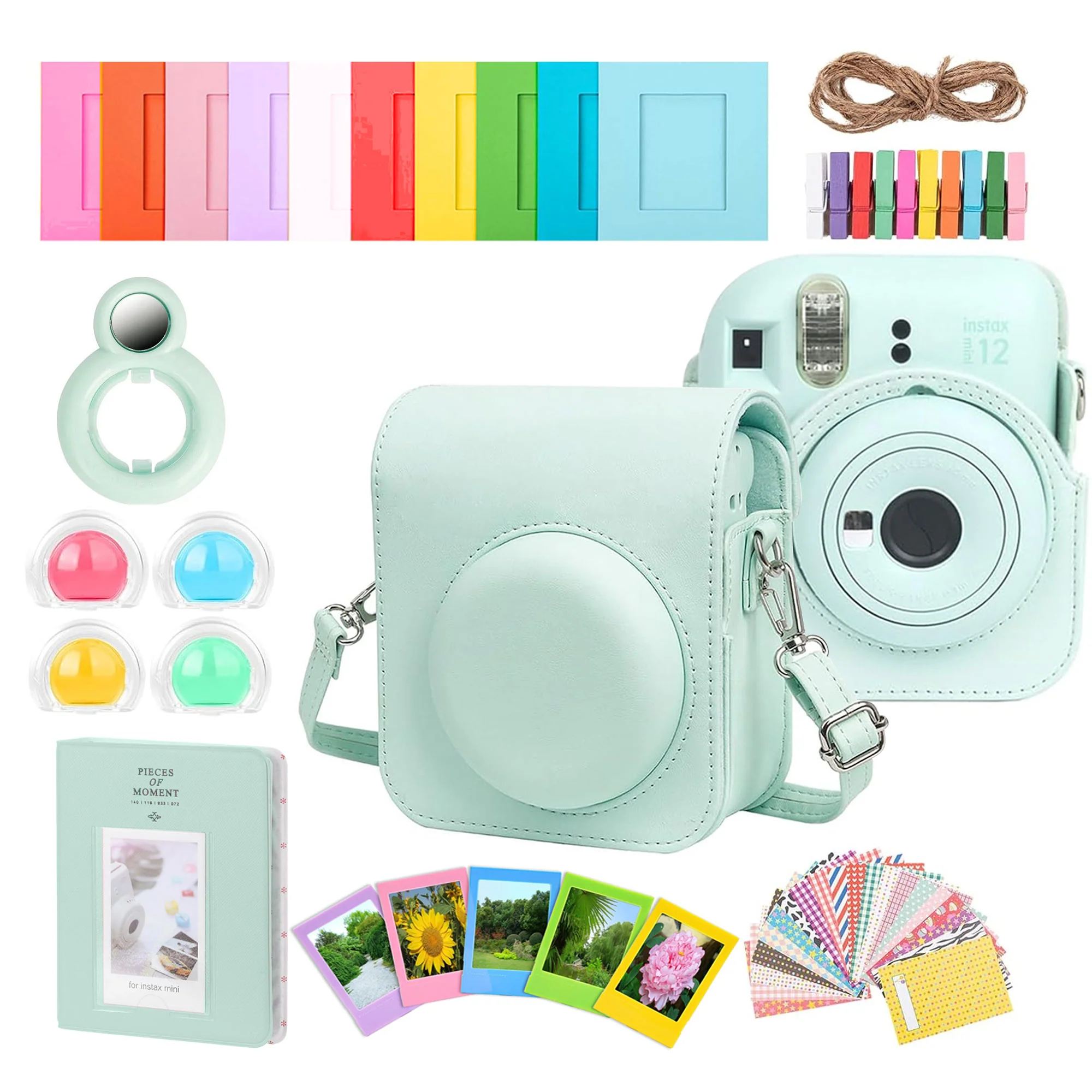 Complete Accessory Kit for Fujifilm Instax Mini 8/9/11/12 – Camera Case, Photo Album, Frames, Stickers & Lens Filters (Green) + 2x Fujifilm 2x10 Film Mini Instax Film Pack - Image 2