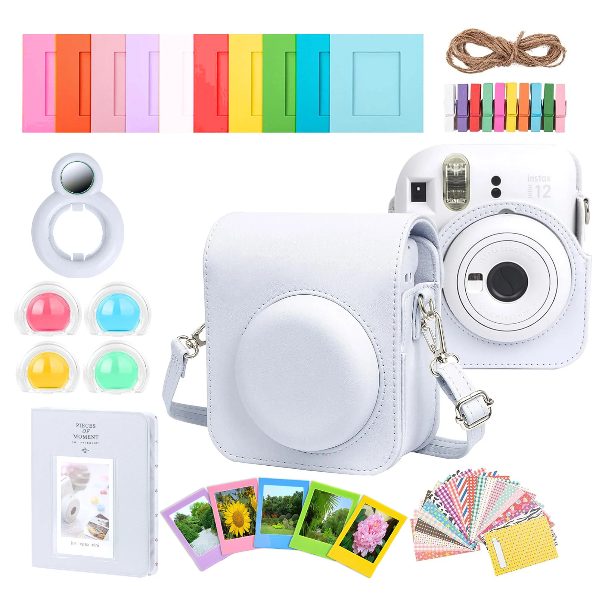 Complete Accessory Kit for Fujifilm Instax Mini 8/9/11/12 – Camera Case, Photo Album, Frames, Stickers & Lens Filters (White)