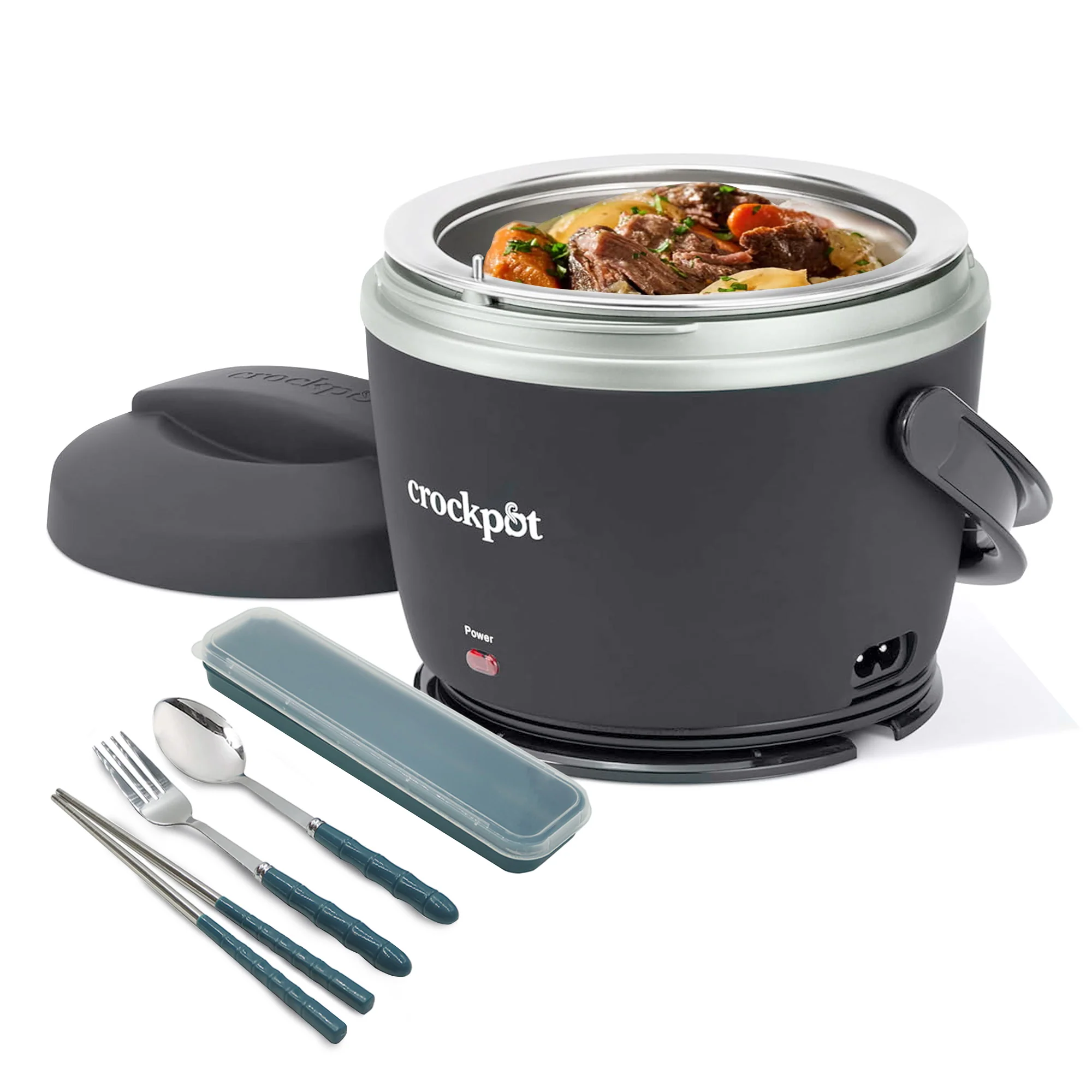 Crock-Pot Electric Lunch Box, Portable Food Warmer for On-the-Go, 20-Ounce (591 mL), Black Licorice + Eco-Friendly Stainless Steel Cutlery Set – Spoon, Fork & Chopsticks in Convenient Case for Students, Camping, Weddings and Travel