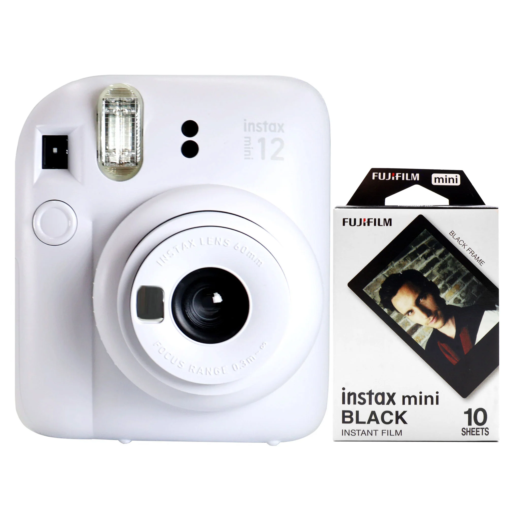 FUJIFILM INSTAX MINI 12 Instant Film Camera (Clay White) + FUJIFILM Instax Mini Instant Film (Black, 10 Exposures)