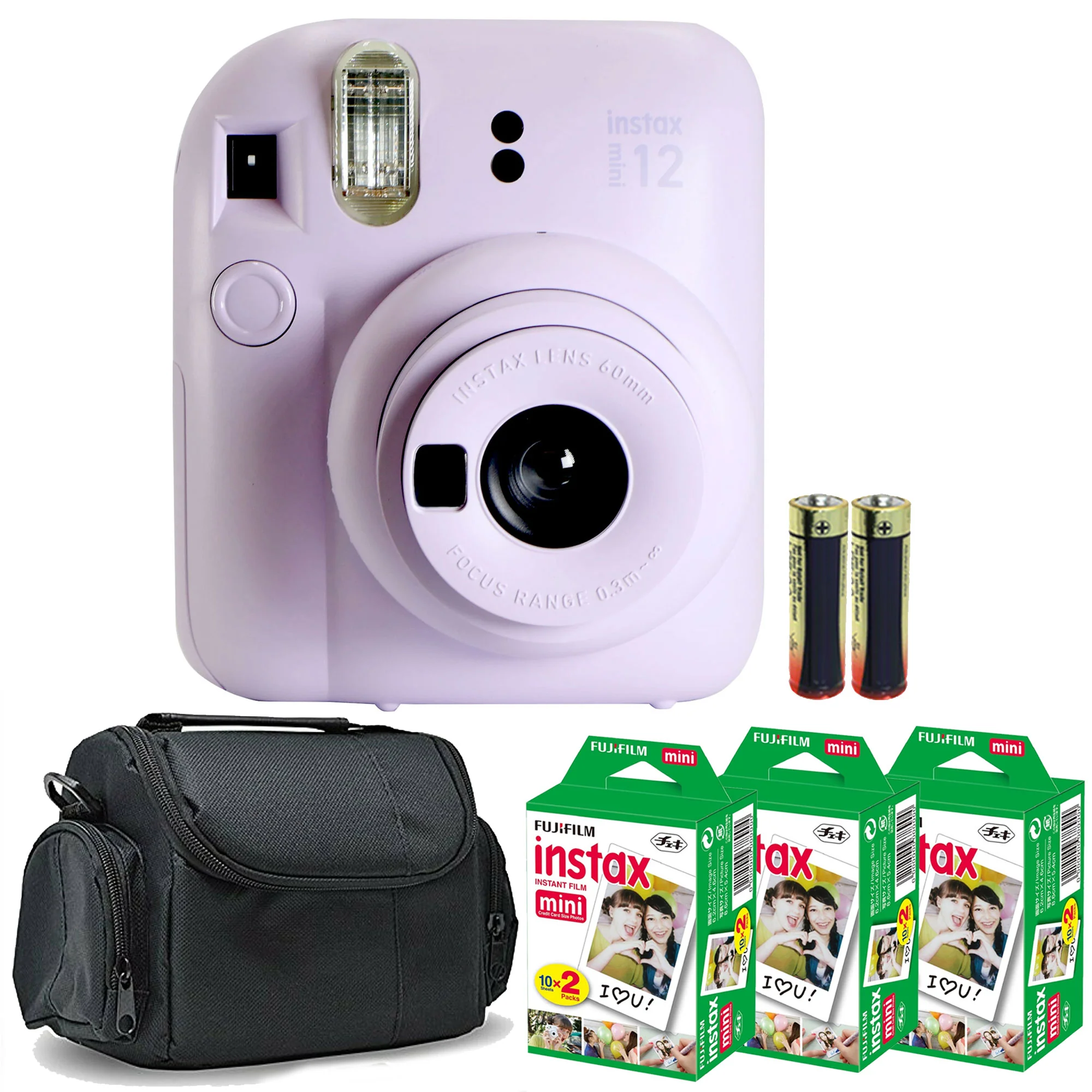 FUJIFILM INSTAX MINI 12 Instant Film Camera (Lilac Purple) + 3x Fujifilm 2x10 Film Mini Instax Film Pack + Panasonic Alkaline 2 "AA" Batteries + BePro BC-1 Case (Small)
