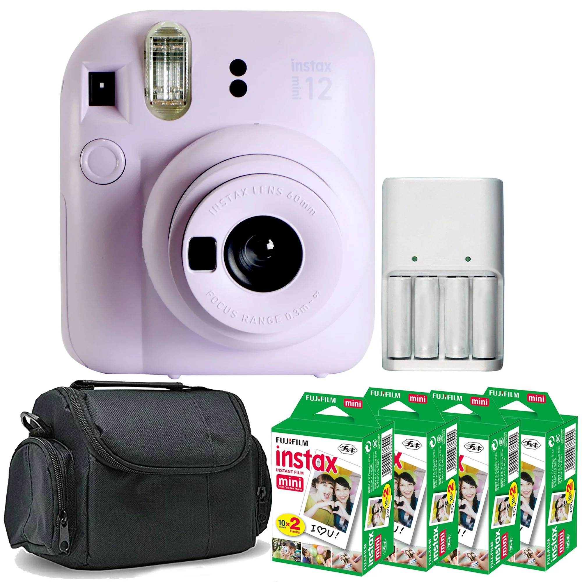 FUJIFILM INSTAX MINI 12 Instant Film Camera (Lilac Purple) + 4x Fujifilm 2x10 Film Mini Instax Film Pack + Xtreme Power Series 4AA/AAA Rechargeabl Batteries and Charger + BePro BC-1 Case (Small)