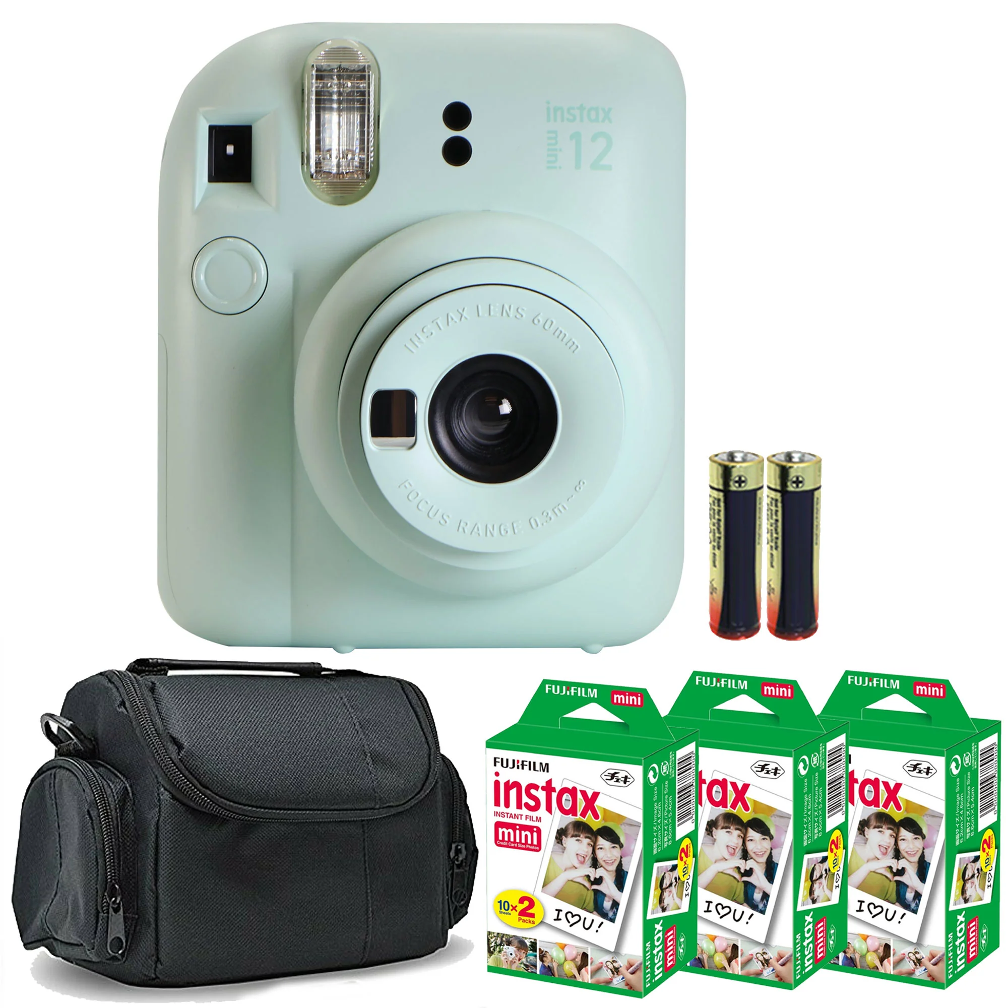 FUJIFILM INSTAX MINI 12 Instant Film Camera (Mint Green) + 3x Fujifilm 2x10 Film Mini Instax Film Pack + Panasonic Alkaline 2 "AA"  Batteries + BePro BC-1 Case (Small)